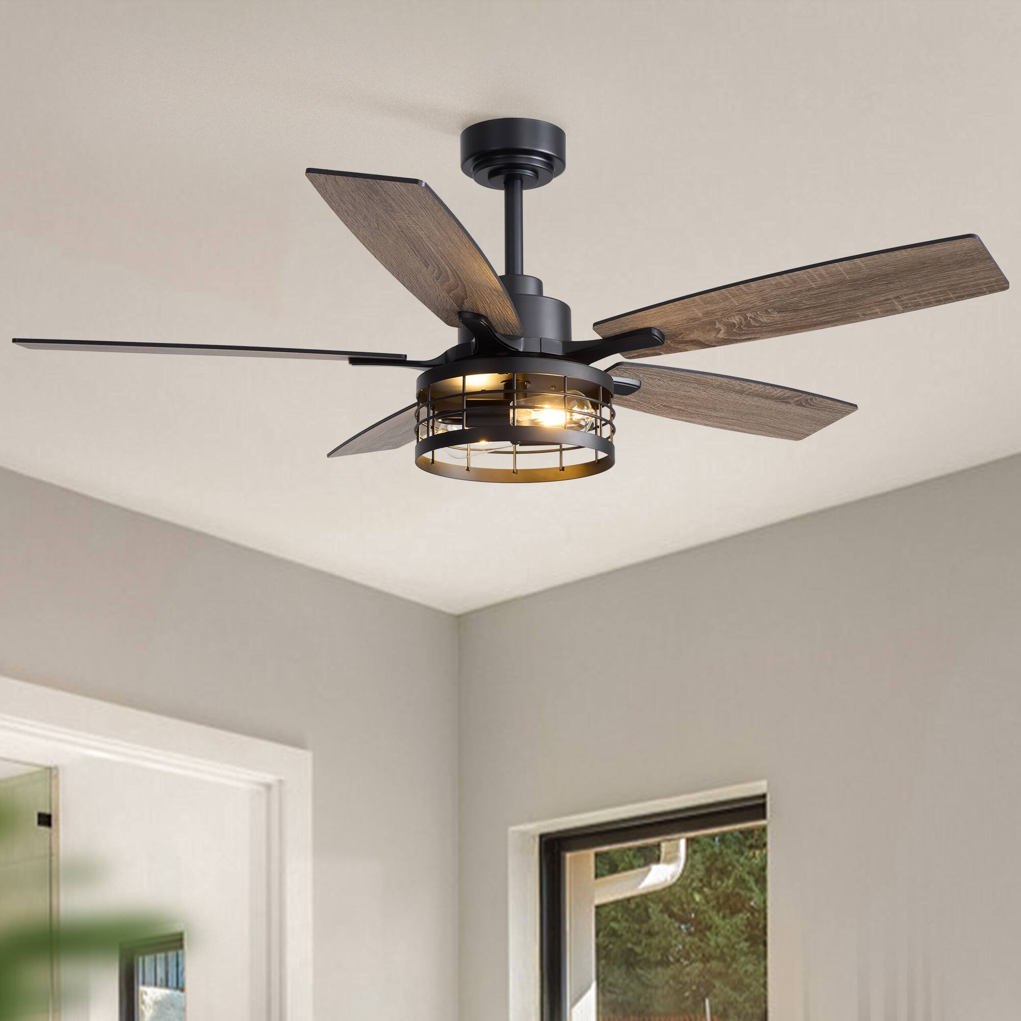 Angle. Siljoy - 52 Inch Matte Black Industrial Iron Cage Ceiling Fan with Lights APP Control for Indoor Patio - Black.