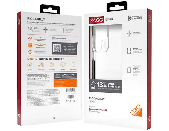 The image features a product package for a Samsung Galaxy S23 5G phone case, which is designed by ZAGG. The case is made of D3O material, providing impact protection for the phone. The package is opened, revealing the phone case inside. The case is advertised as being the thinnest and most advanced, offering protection against drops and impacts. The package also includes a booklet that provides information about the product and its features.