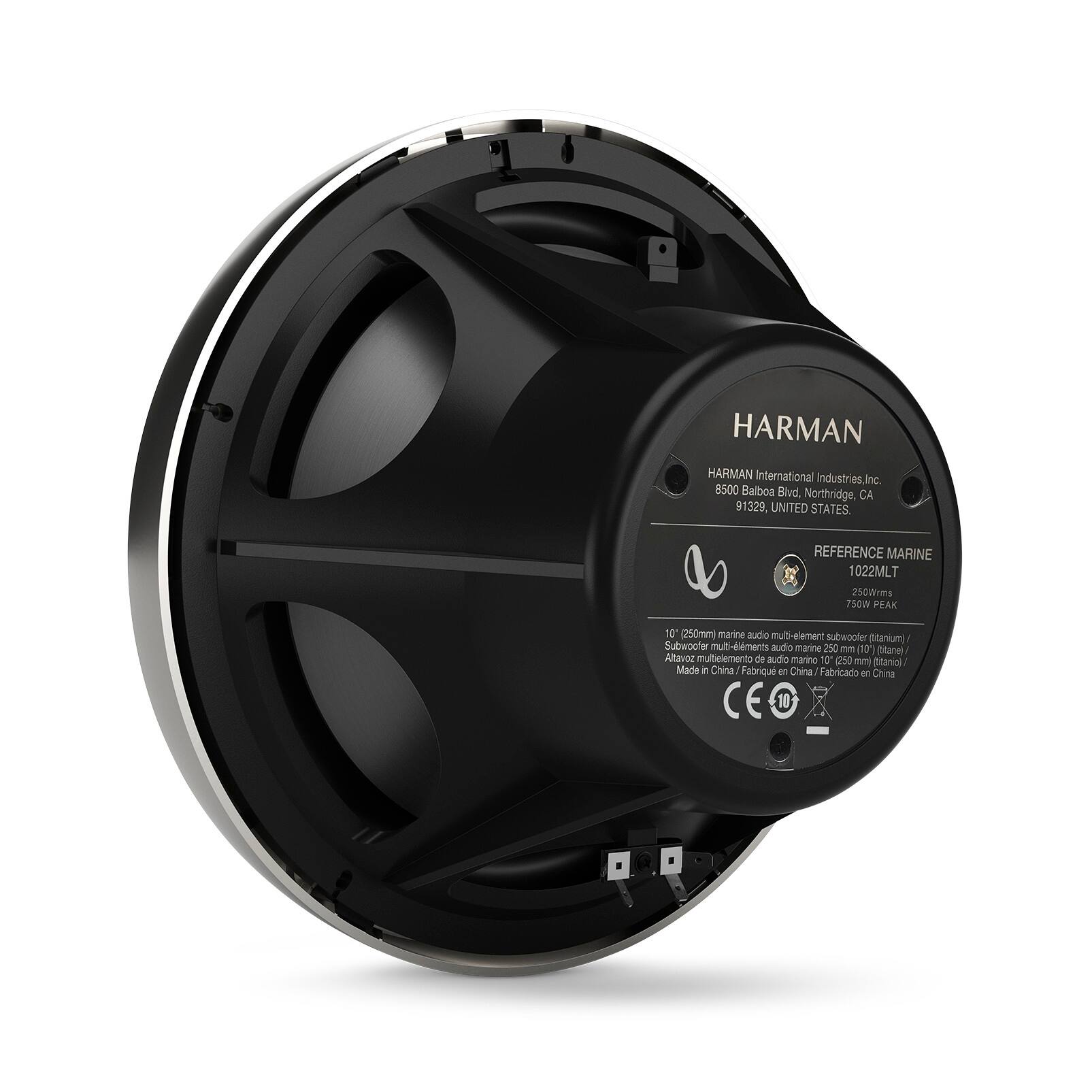 HARMAN International Industries Inc.  
8500 Balboa Blvd. Northridge, CA 91329, UNITED STATES  

REFERENCE MARINE  
1022MLT  
250W rms  
750W PEAK  
13" (250mm) marine audio multi-element subwoofer  
Subwoofer multi-éléments audio marine 10"  
Aftavoz multielemento de audio marino 10"  
Made in China  
Fabriqué en Chine  
Fabricado en China  

CE 10