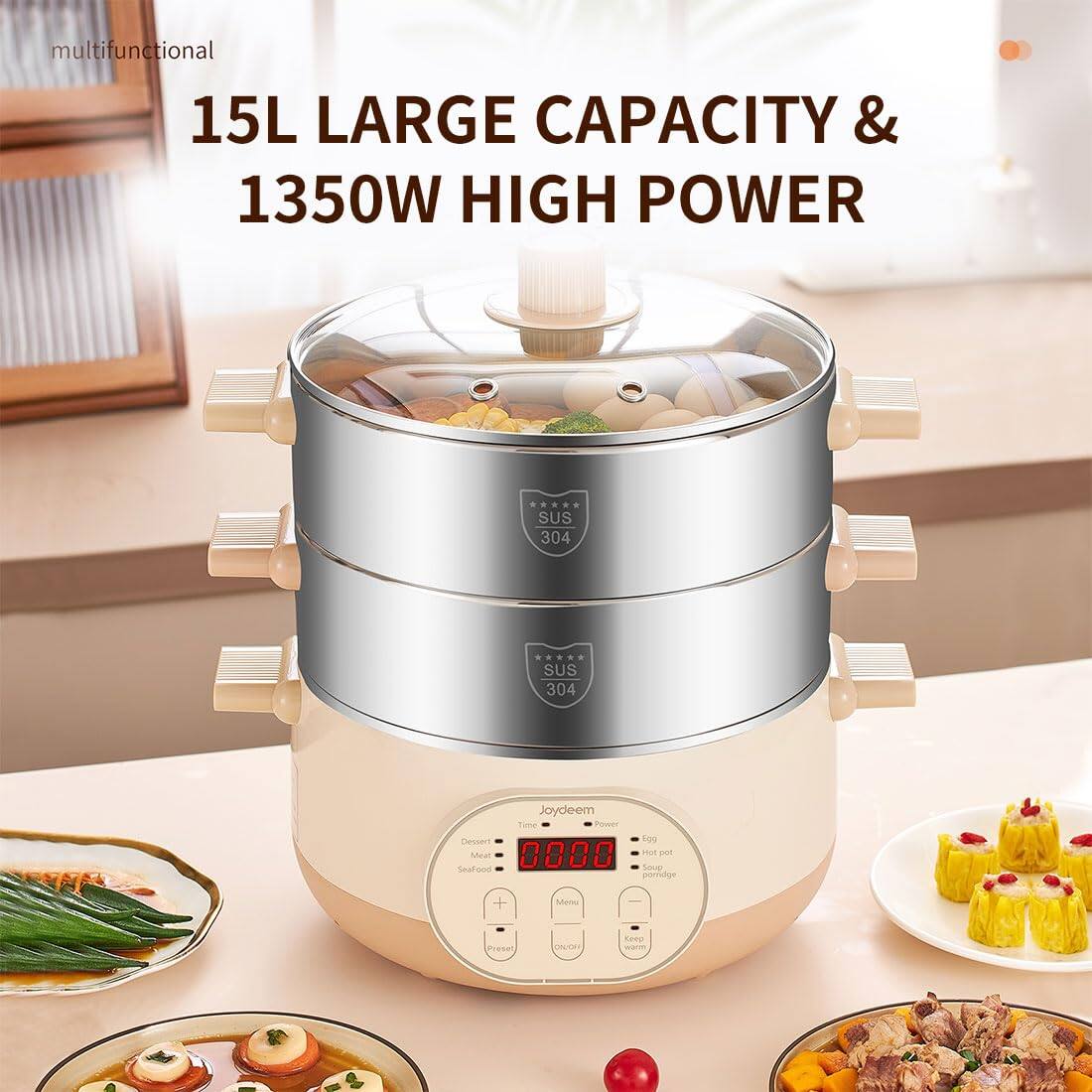 multifunctional 15L LARGE CAPACITY & 1350W HIGH POWER

SUS 304

Joydeem Time Power Dessert 5gg Meat 0000 Hot pot SeaFood Soup porridge

Menu

Precet

DIUDA