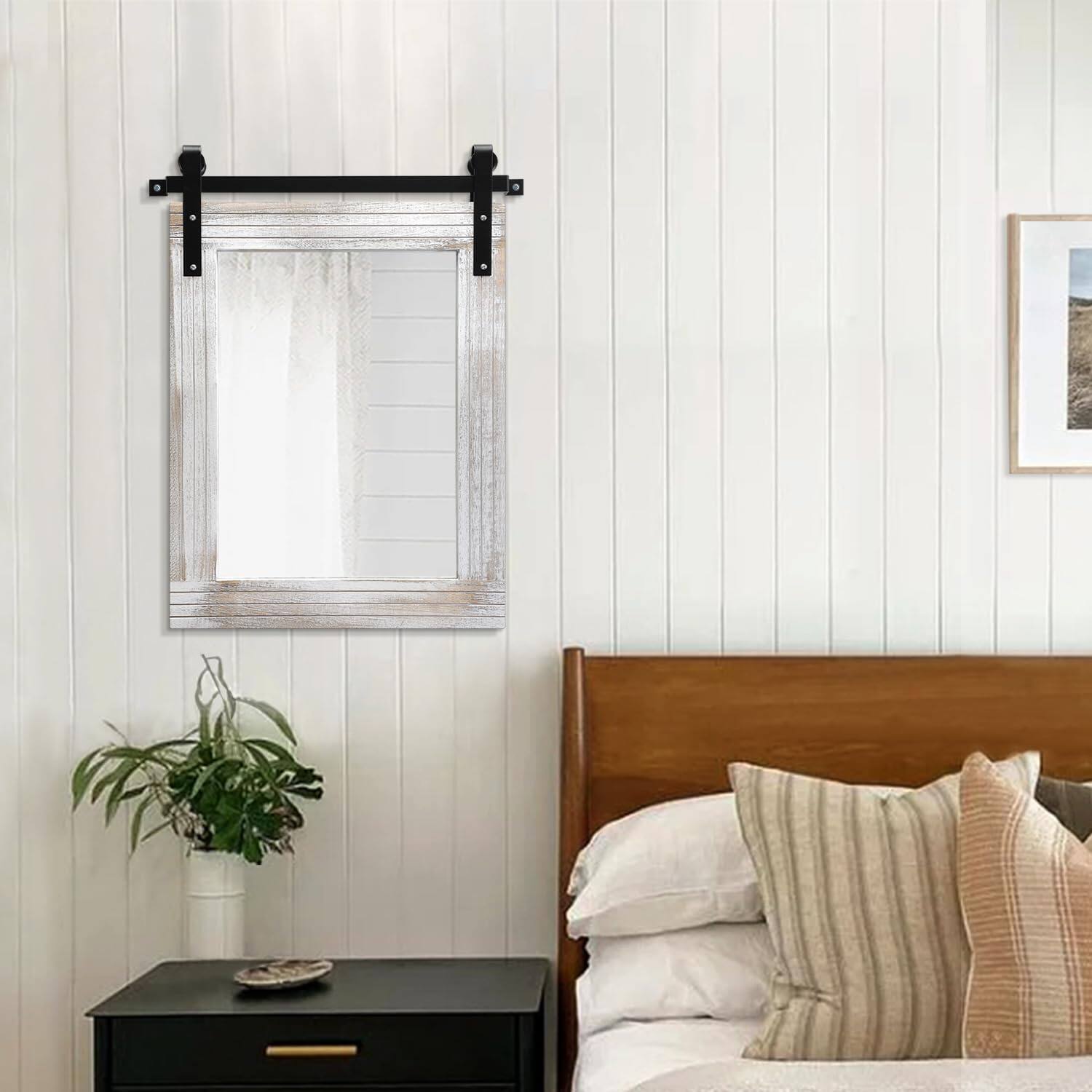 Alt View 2. Comfort Essence - Mirrors For Wall Rustic Barn Door Mirror With Wood Framed Rectangle Farmhouese Bathroom Decorative Hangin... - Brown-30"L x 22"W.