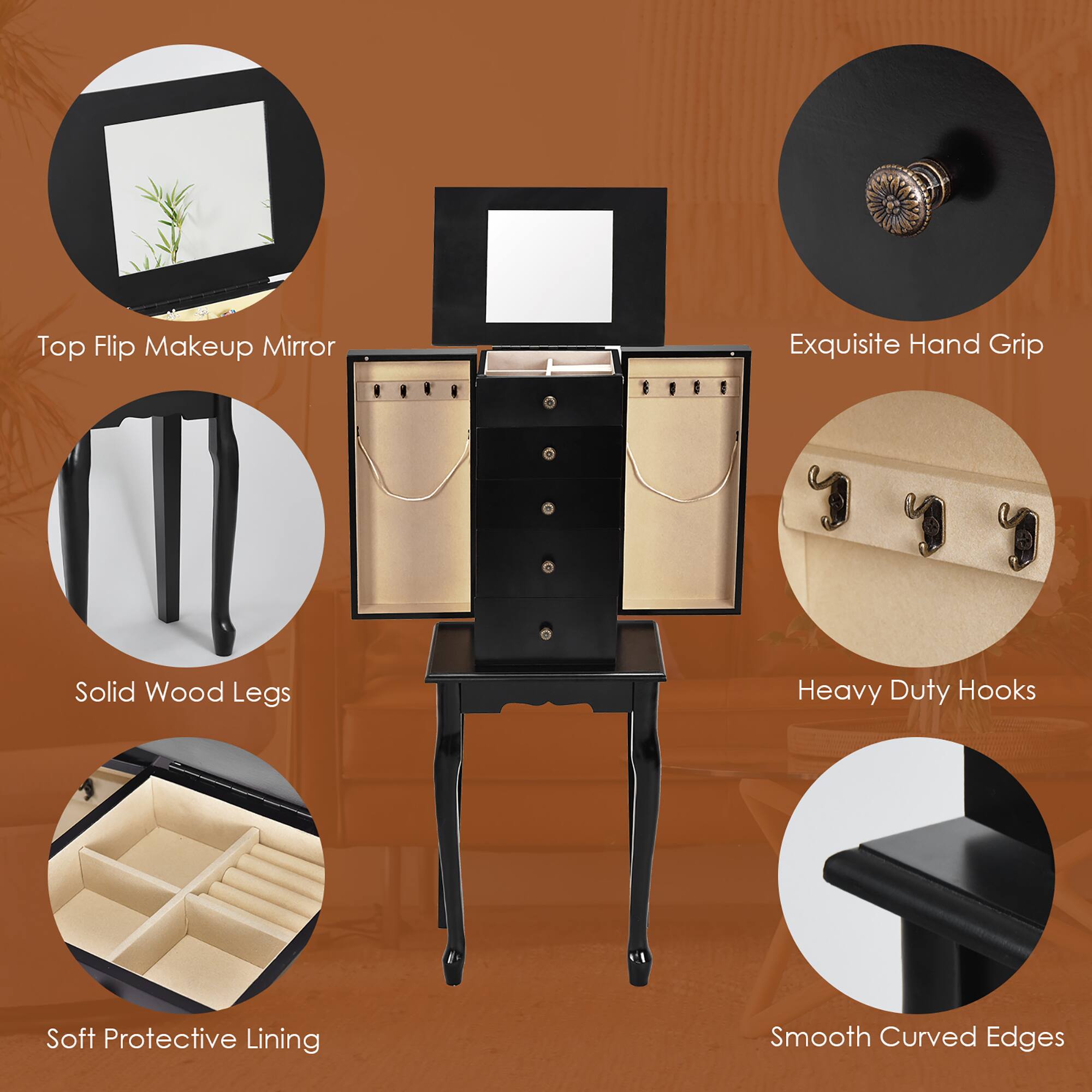 The image features a vanity with a makeup mirror on top. The mirror is surrounded by several drawers and compartments, including a drawer for makeup and a drawer for hand grip. The vanity also has a heavy-duty hooks for hanging items. The vanity is made of solid wood and has smooth curved edges. The drawers are lined with soft protective material, providing a comfortable and secure space for storing items.
