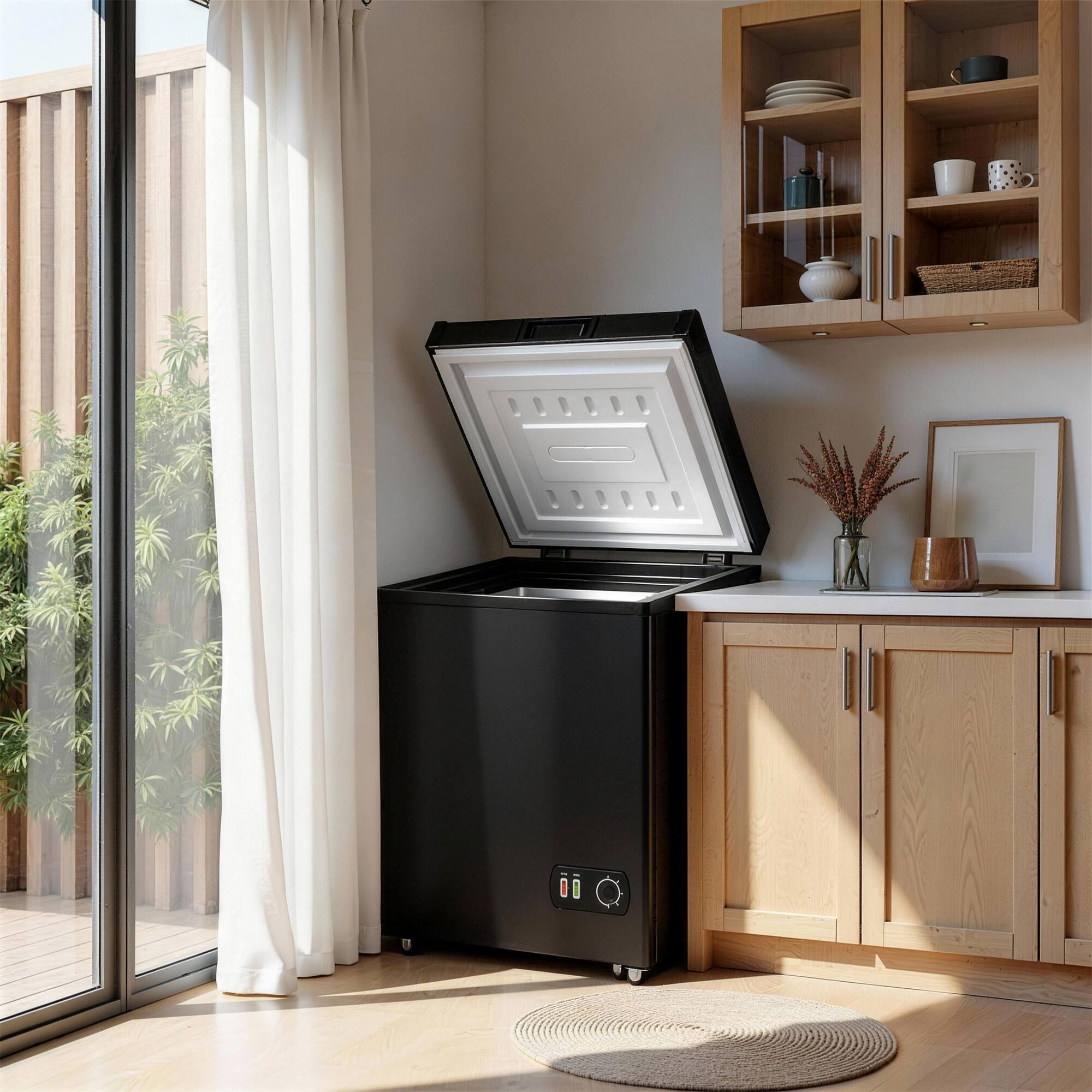 Left. Vaczon - 4.2 Cu. Ft. Chest Freezer, Compact Deep Freezer with Adjustable Temperature, Quiet Free-Standing Top Door, Energy Saving - Black.
