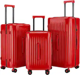 Quick Deer - 3 Piece Hardside Luggage Set with TSA Lock, PC Spinner Suitcase Set with 360° Wheels, Back to School & Travel Bags - Red