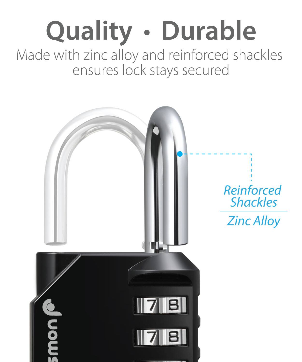 Quality, Durable, Made with zinc alloy and reinforced shackles ensures lock stays secured, Reinforced Shackles, Zinc Alloy, smon 7 7 8 8