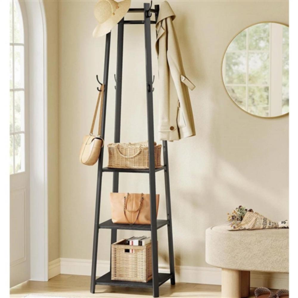 Angle. Hivvago - Modern Farmhouse Black Metal Coat Rack Entryway Hall Tree with Grey Wood Shelves - Black.