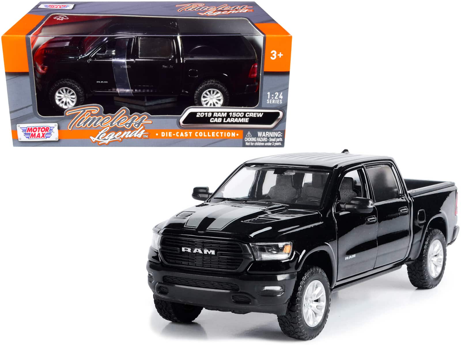 2019 RAM 1500 Laramie Crew Cab Pickup Truck Black with Silver Stripes 1/24 Diecast Model Car by Motormax price history on PriceWatchPro
