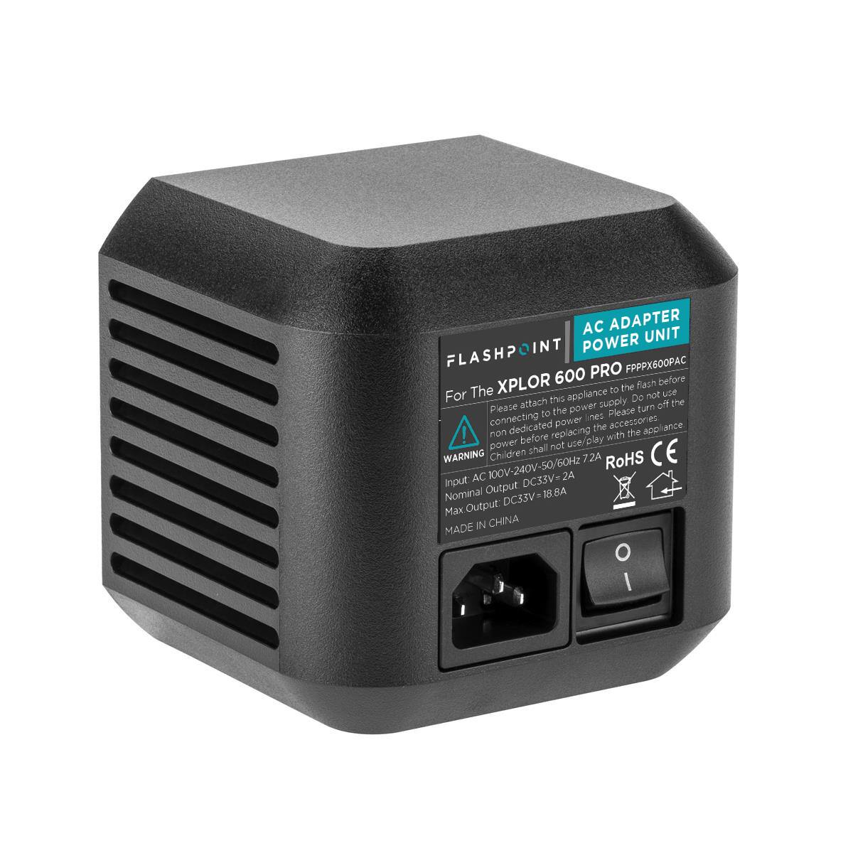 AC ADAPTER POWER UNIT  
FLASHPOINT FPPPX600PC  
600 PRO XPLOR  

For the XPLOR 600 PRO FPPPX600PC  

Please attach this appliance to the flash before using the appliance. Do not use non-dedicated power lines or accessories. Please turn off the power supply before replacing the appliance!  

WARNING  
Children shall not use/play with the appliance.  

Input: AC 100V-240V-50/60Hz  
Output: DC33V-2A  
Nominal Output: DC33V-18.8A  
Max Output: DC33V-18.8A  

RoHS CE  

MADE IN CHINA