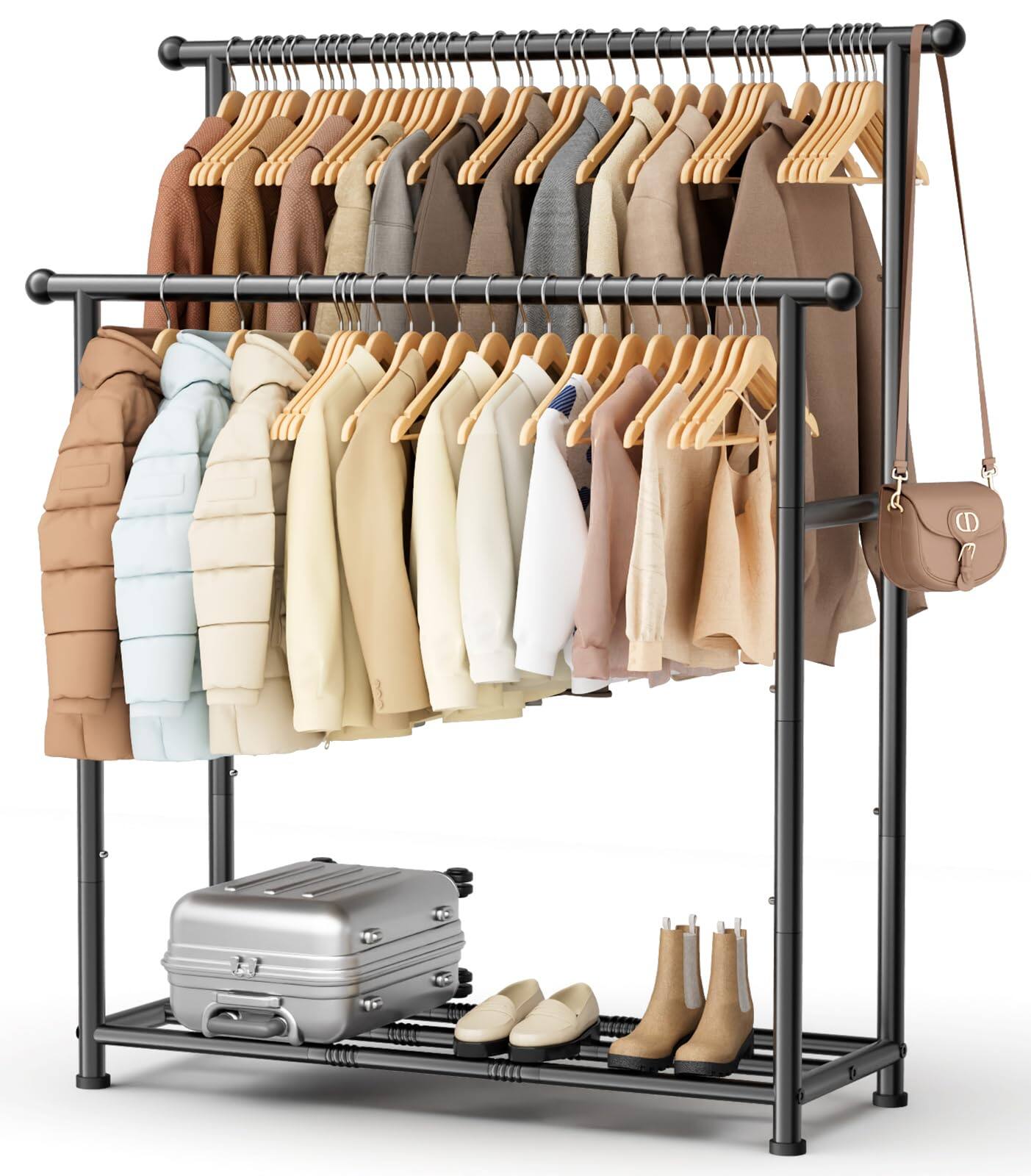 Angle. Refined Abode Design - Double Rods Garment Rack Heavy Duty Clothing For Hanging Clothes Portable Organizer Bedroom Living Room Sto... - Matte Black.