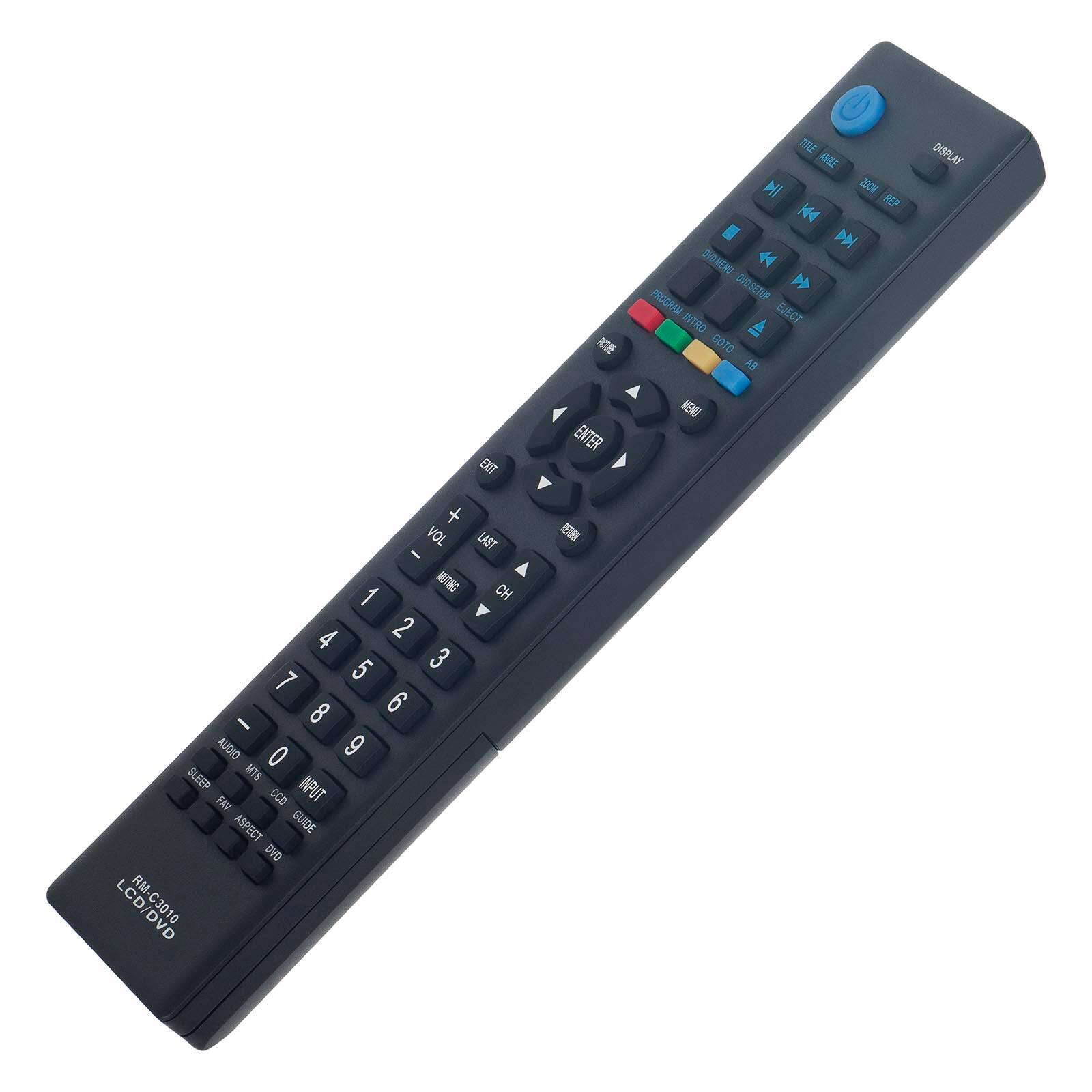 Sure, here is the corrected and grouped text from the image:

---

**Top Section:**
- THE
- MENU
- ZOOM
- INFO
- DISPLAY

**Middle Section:**
- PROGRAM INTO
- GO TO
- AS
- INPUT
- ENTER
- EXIT
- VOL
- LAST
- MUTE
- CH
- 1
- 2
- 3
- 4
- 5
- 6
- 7
- 8
- 9
- 0
- BLEEP
- MTS
- FAV
- CCD
- INPUT
- ASPECT
- GUIDE
- DVD
- LCD/DVD
- C3010

**Bottom Section:**
- 1 CD/DVD

---

This text corresponds to the labels and buttons on the remote control.