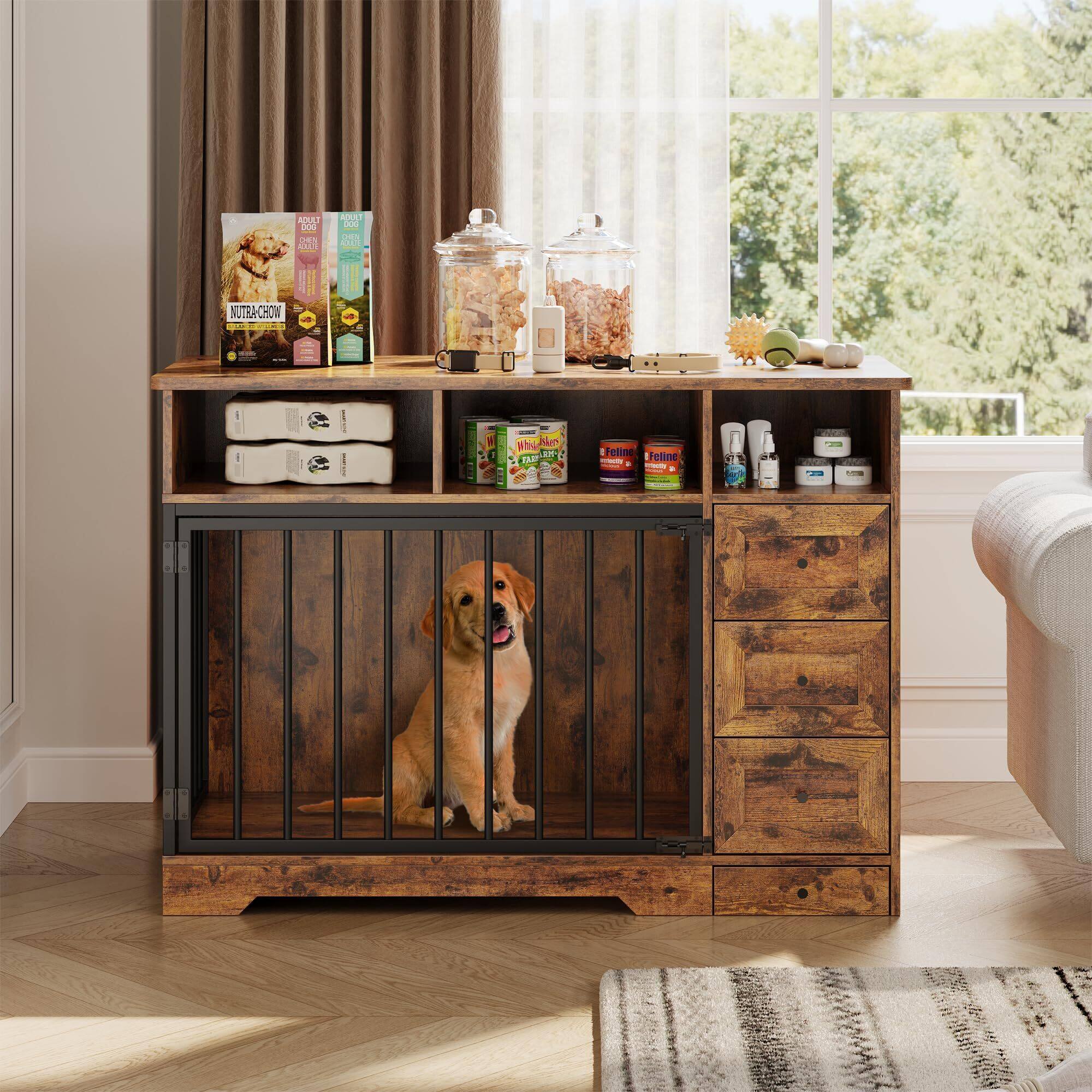 Alt View 1. Acekool - 48 Inch Dog Crate Furniture, Wooden Kennel Table with Bowl & Storage Drawers - Brown.