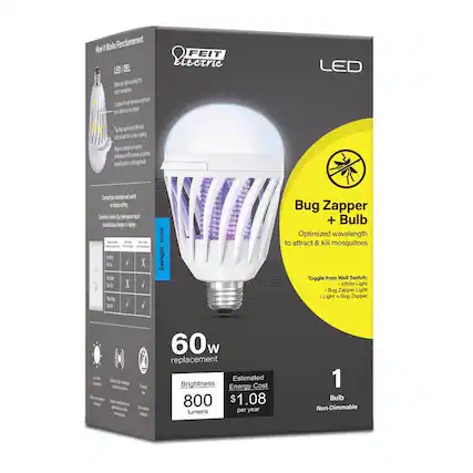 - How it Works / Fonctionnement
- LED / DEL
- Bug Zapper + Bulb
- Optimized wavelength to attract & kill mosquitoes
- Toggle from Wall Switch: White Light / Bug Zapper Light / Light + Bug Zapper
- 60w replacement
- Brightness: 800 lumens
- Estimated Energy Cost: $1.08 per year
- 1 Bulb
- Non-Dimmable