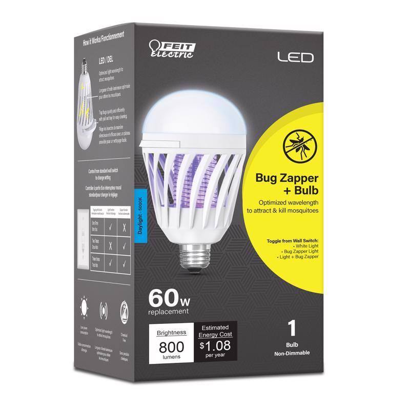 - How it Works / Fonctionnement
- LED / DEL
- Bug Zapper + Bulb
- Optimized wavelength to attract & kill mosquitoes
- Toggle from Wall Switch: White Light / Bug Zapper Light / Light + Bug Zapper
- 60w replacement
- Brightness: 800 lumens
- Estimated Energy Cost: $1.08 per year
- 1 Bulb
- Non-Dimmable