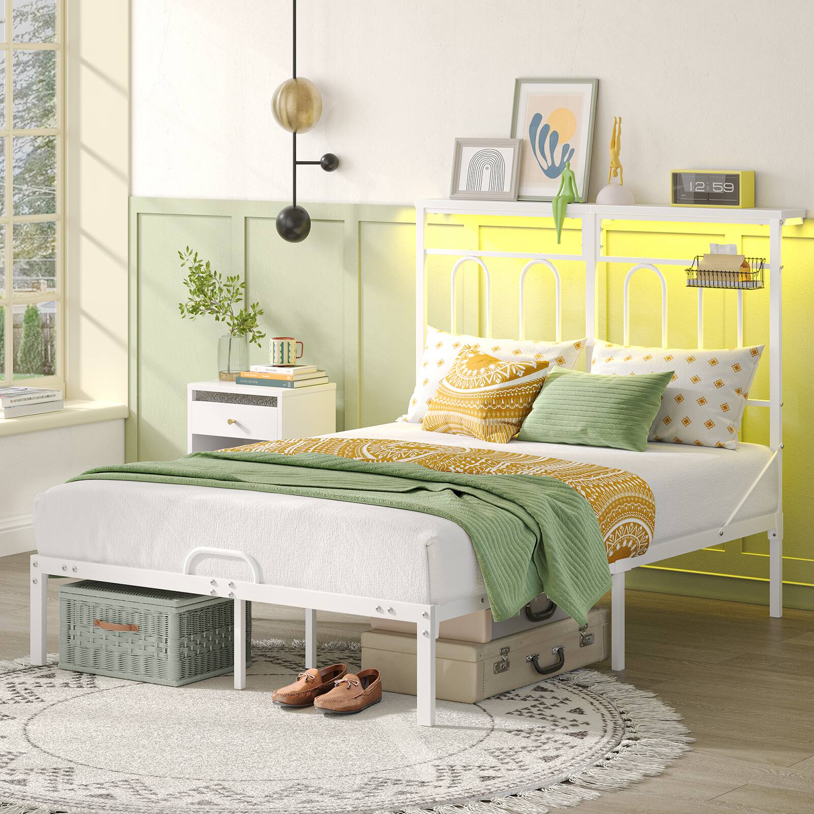 Angle. Pinmoco - Pinmoco - Platform Bed Frame with LED Storage Headboard & Charging Station Metal Platform Bed - White.