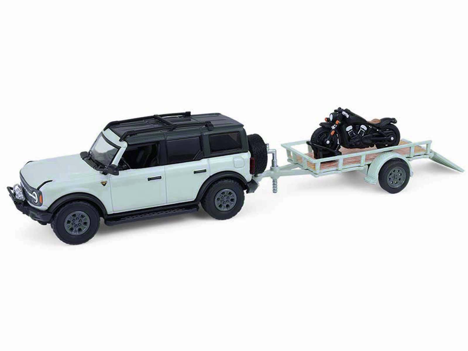Alt View 1. Greenlight - 2021 Ford Bronco 4-Door Badlands Cactus Gray with Black Top and Motorcycle with Trailer 1/64 Model Cars by Greenlight.