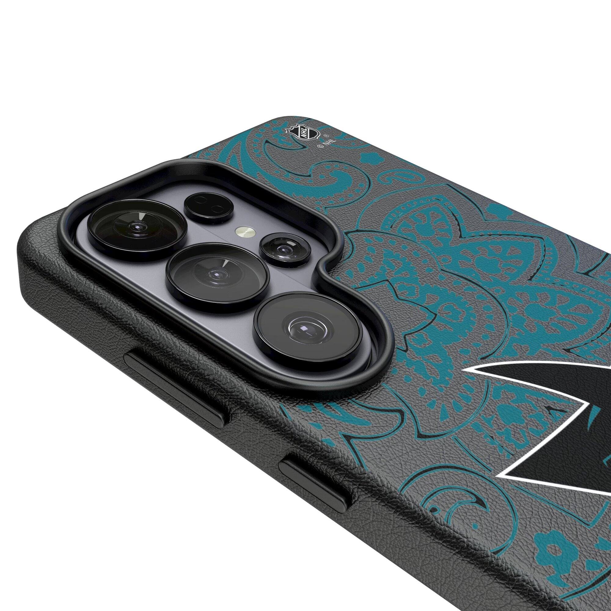 Alt View 2. Keyscaper - San Jose Sharks Paisley Galaxy Magnetic Bump Case - S24 Ultra - Black.