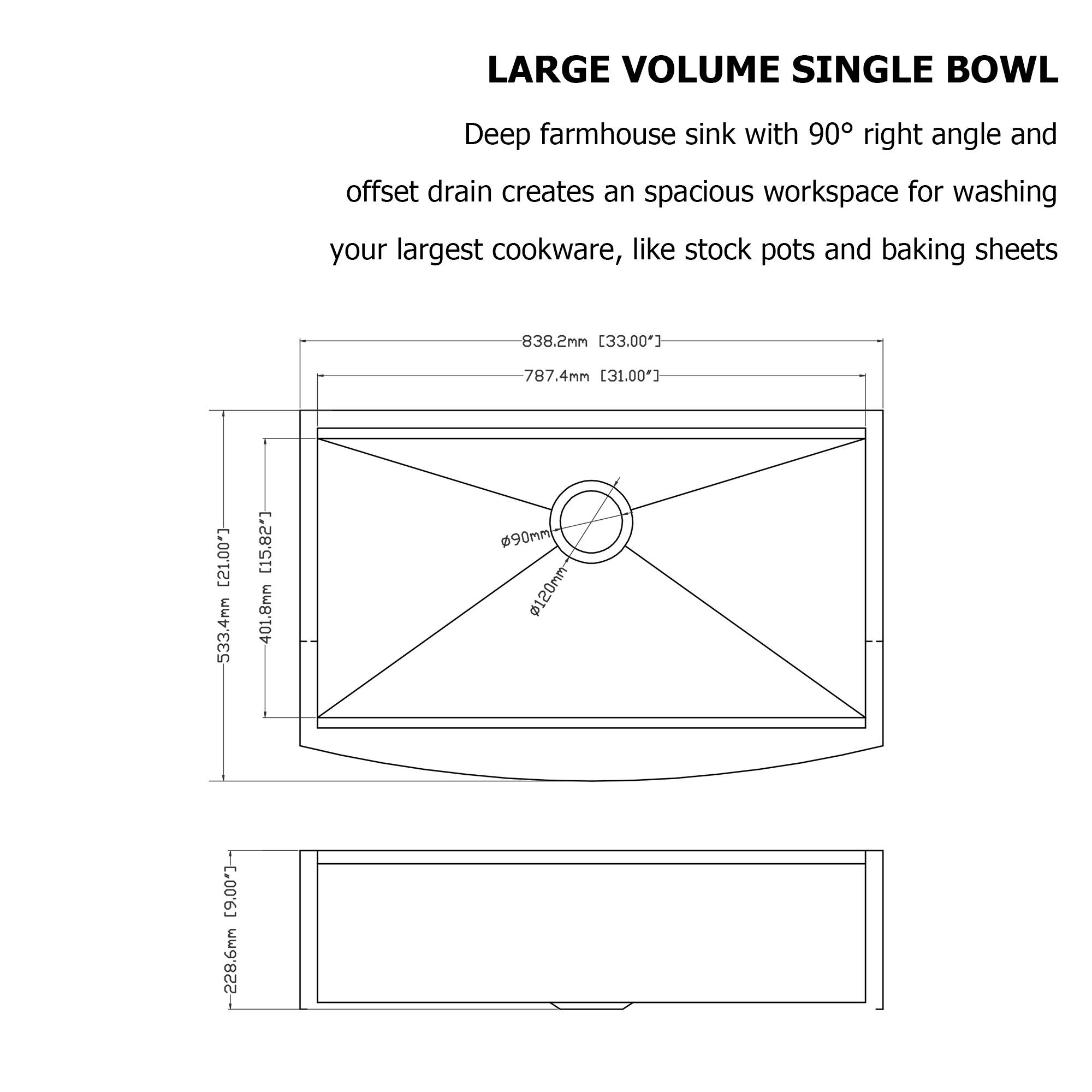 LARGE VOLUME SINGLE BOWL

Deep farmhouse sink with 90° right angle and offset drain creates an spacious workspace for washing your largest cookware, like stock pots and baking sheets

- 838.2mm [33.00"]
- 787.4mm [31.00"]
- 533.4mm [21.00"]
- 401.8mm
- 90mm
- 120mm
- 228.6mm