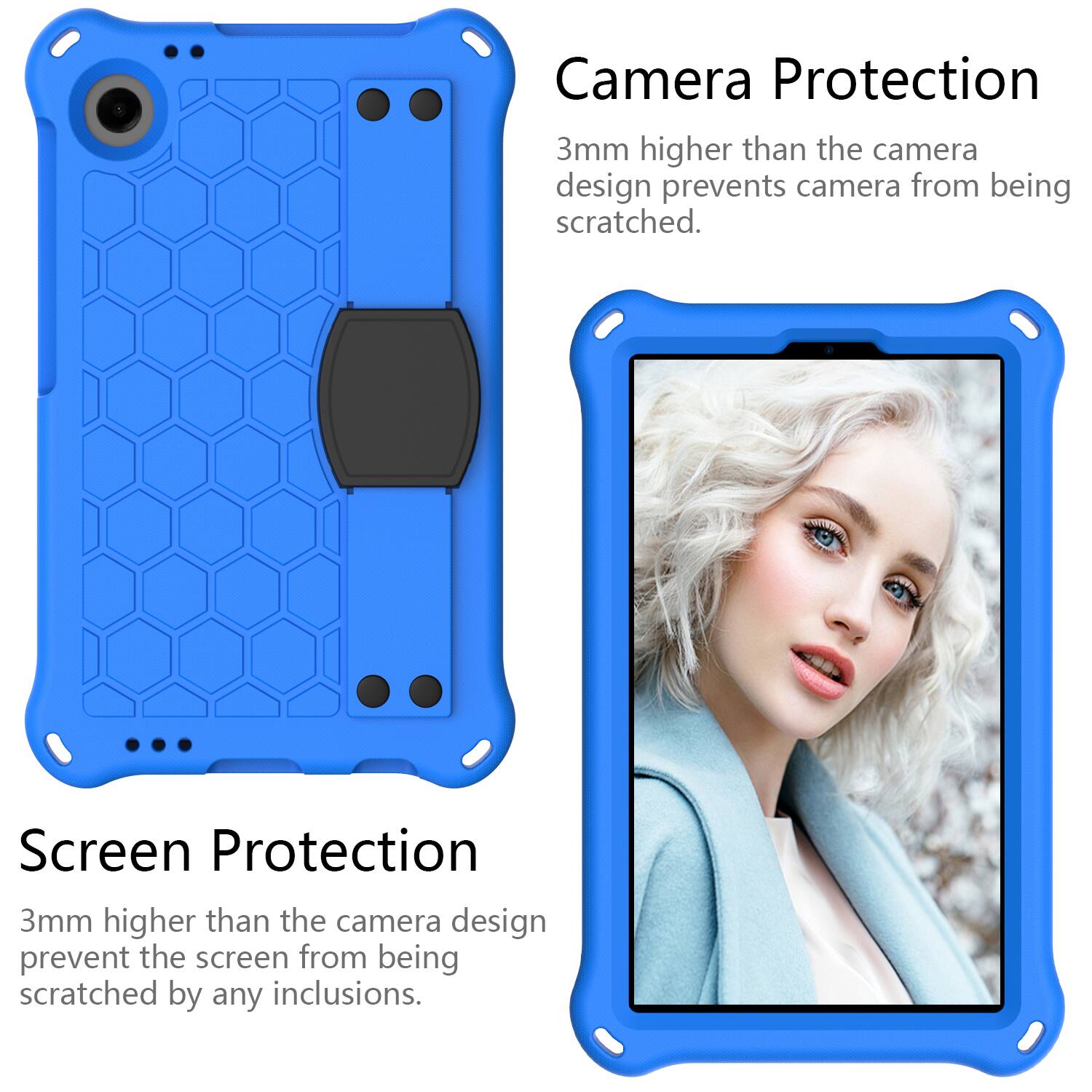 Camera Protection  
3mm higher than the camera design prevents camera from being scratched.  

Screen Protection  
3mm higher than the camera design prevent the screen from being scratched by any inclusions.