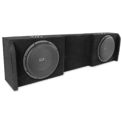 Front. NVX - Custom Fit 800W RMS Dual 12in Loaded Subwoofer Enclosure for 2004-2018 Nissan Titan Crew and King Cab Trucks.