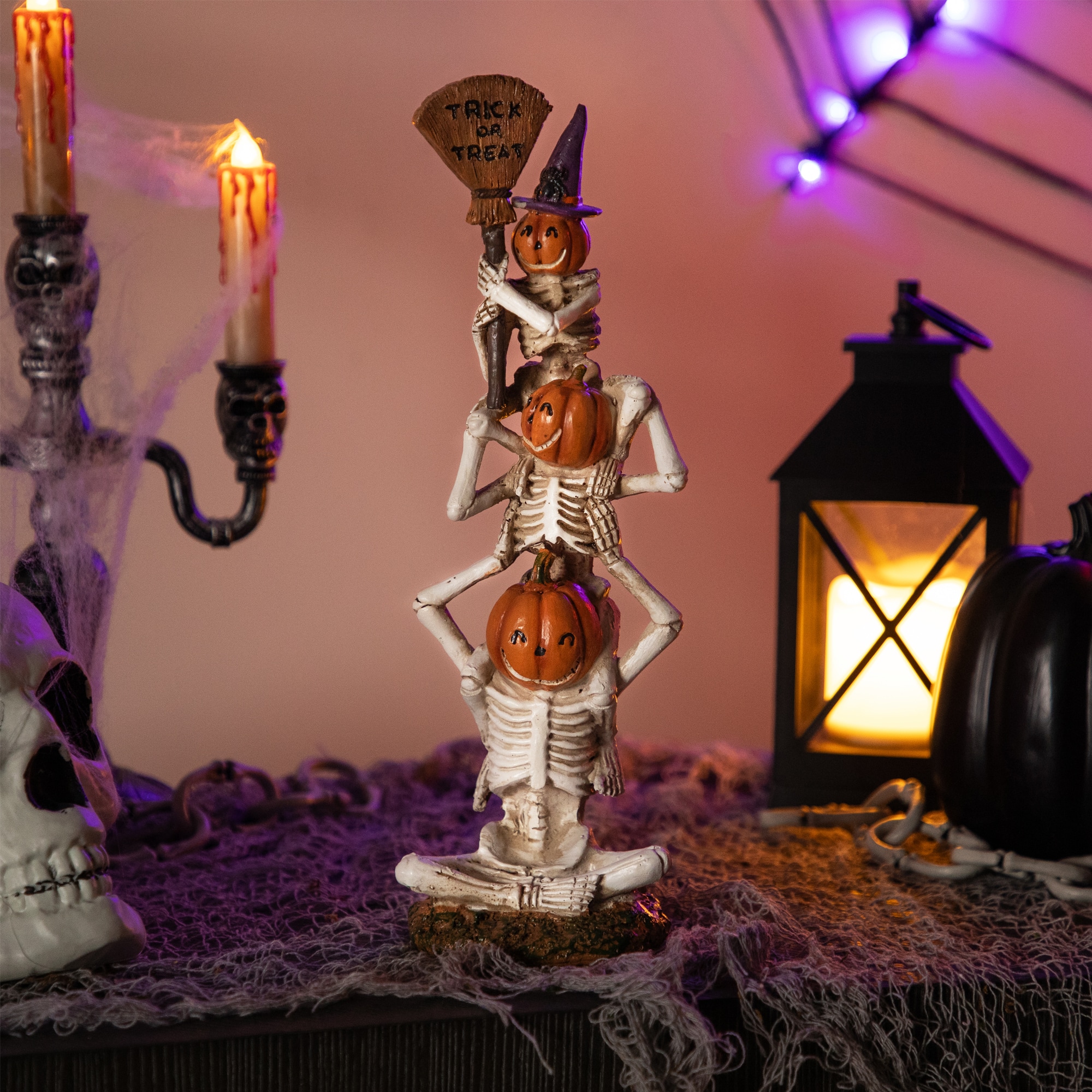 Northlight - Trio of Stacked Trick or Treat Jack-O-Lantern Skeletons Halloween Decoration - 12.25" - Ivory