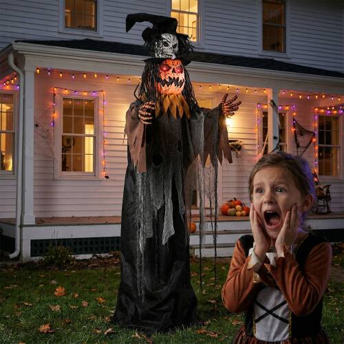 Alt View 5. Winado - 6FT Halloween Standing Pumpkin Head Skeleton Prop with Pop Out Skull, Sound for Indoor Outdoor Holiday Scary Decoration - Orange & Gray.