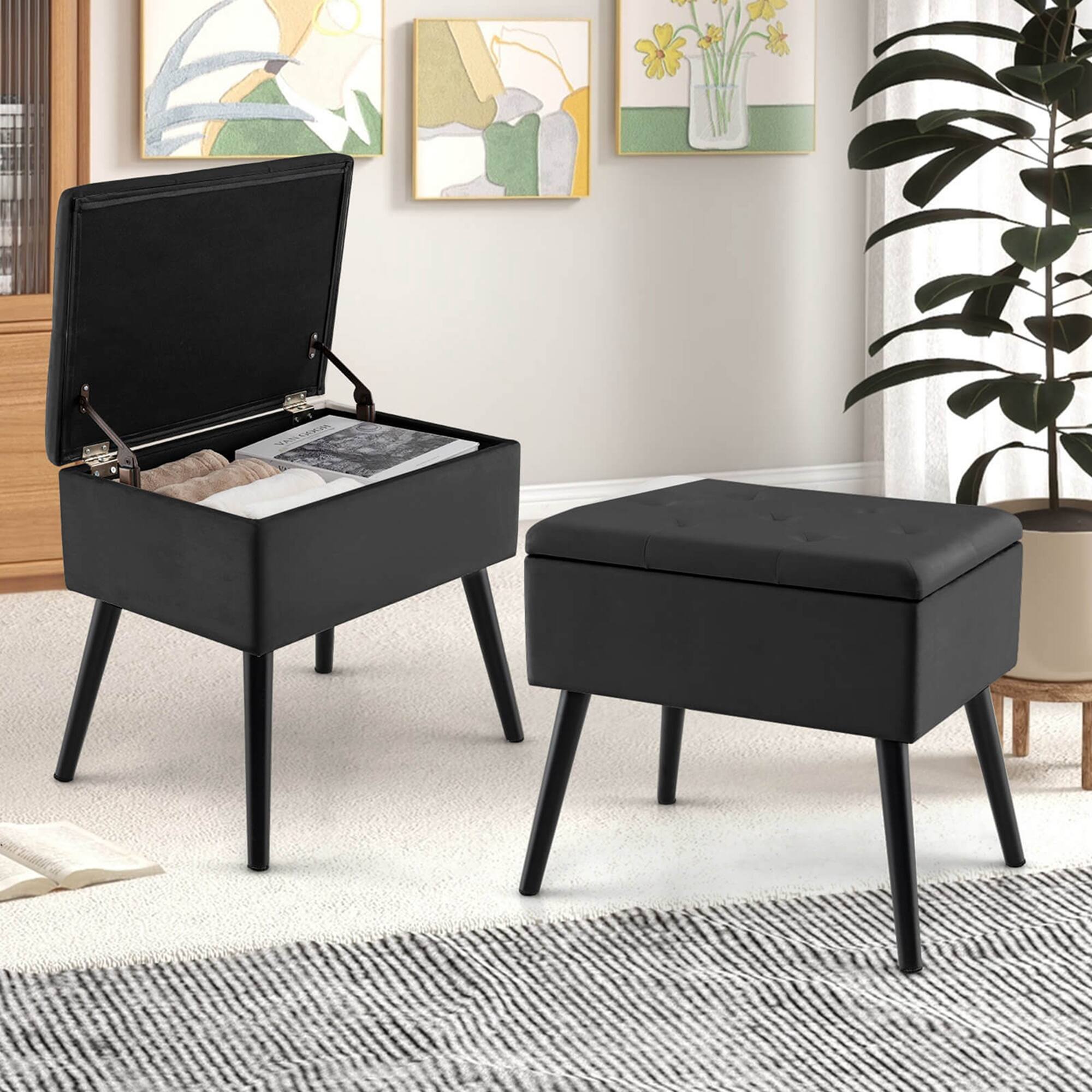 Alt View 4. Costway - Costway 1 PCS Velvet Storage Ottoman Tufted Flip Top Vanity Stool Footrest with Wood Legs - Black.