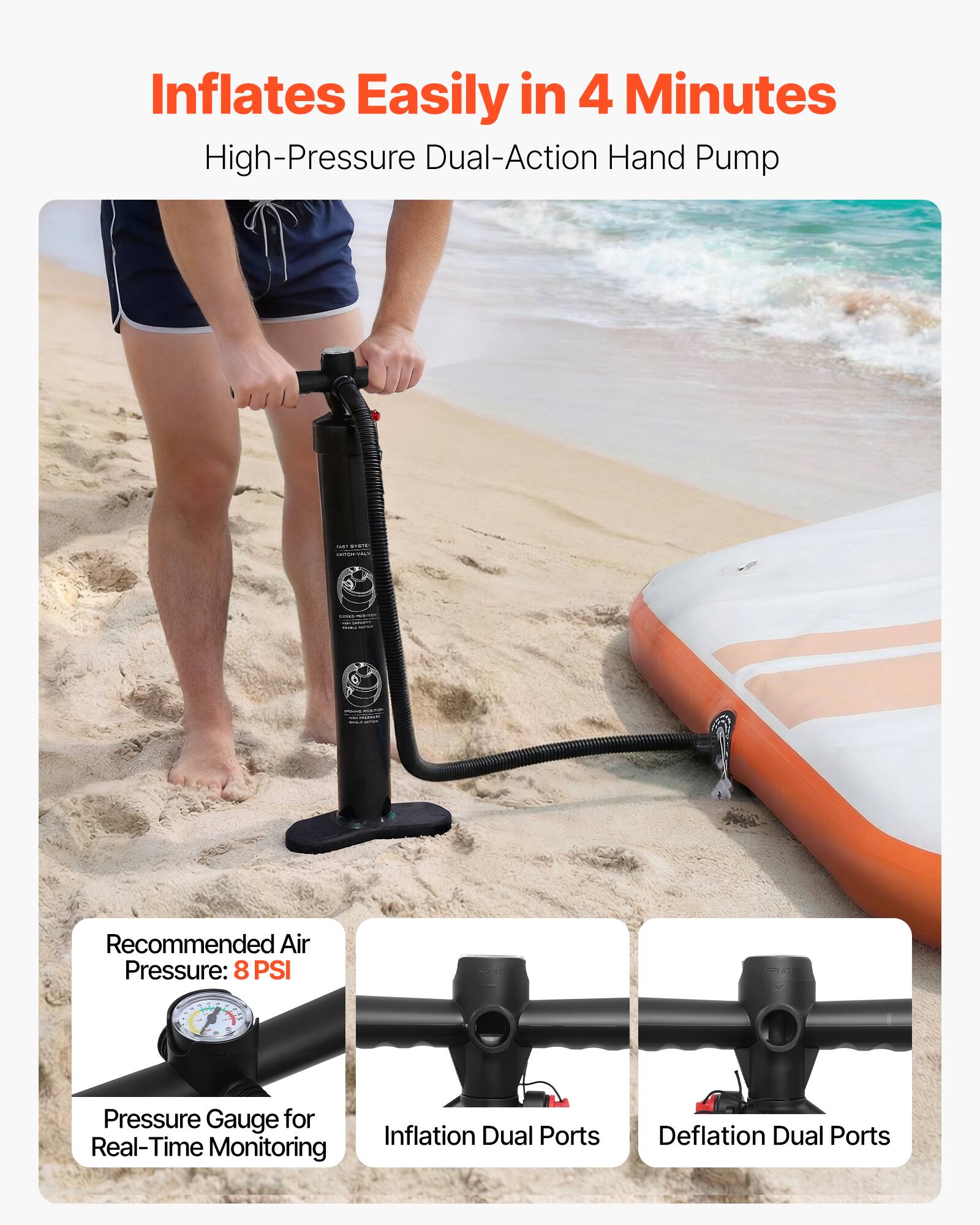 Inflates Easily in 4 Minutes  
High-Pressure Dual-Action Hand Pump  

Recommended Air Pressure: 8 PSI  
Pressure Gauge for Real-Time Monitoring  
Inflation Dual Ports  
Deflation Dual Ports