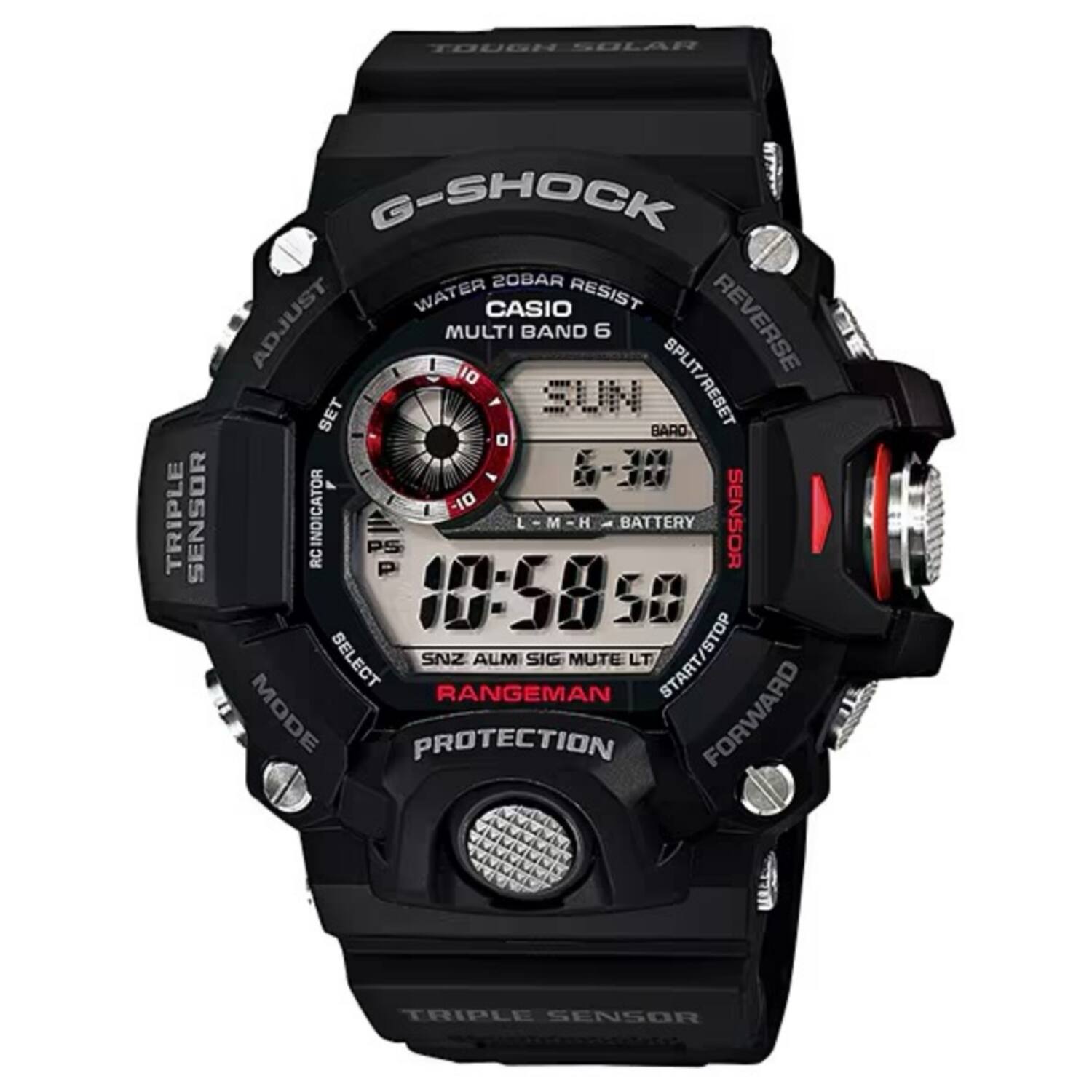 TOUGH SOLAR TRIPLE SENSOR G-SHOCK 20BAR WATER RESIST CASIO MULTI BAND 6 SPLIT REVERSE SET SUN BARO SPLIT/RESET /RESET O 5-30 INDICATOR -10 RC = P5 M H BATTERY SENSOR P 10:58:50 50 SELECT SNZ RANGEMAN ALM SIG MUTE LT START/STOP MODE PROTECTION FORWARD TRIPLE SENSOR