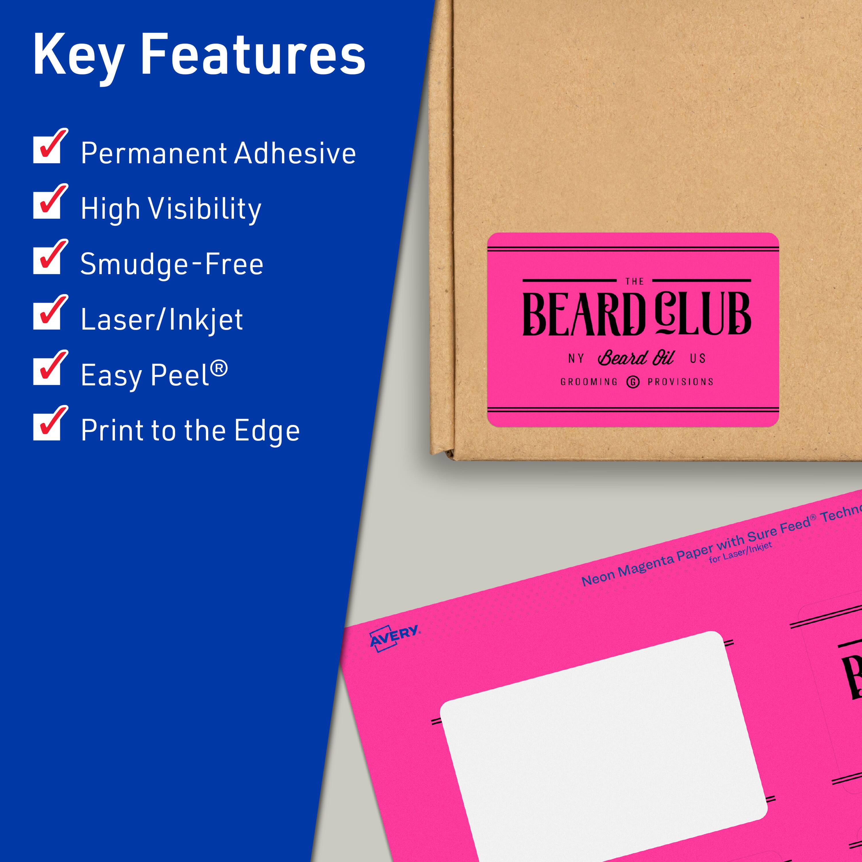 Key Features:
- Permanent Adhesive
- High Visibility
- Smudge-Free
- Laser/Inkjet
- Easy Peel®
- Print to the Edge

THE BEARD CLUB
NY Beard Oil US
GROOMING PROVISIONS

Neon Magenta Paper with Sure Feed® Technology for Laser/Inkjet

AVERY
