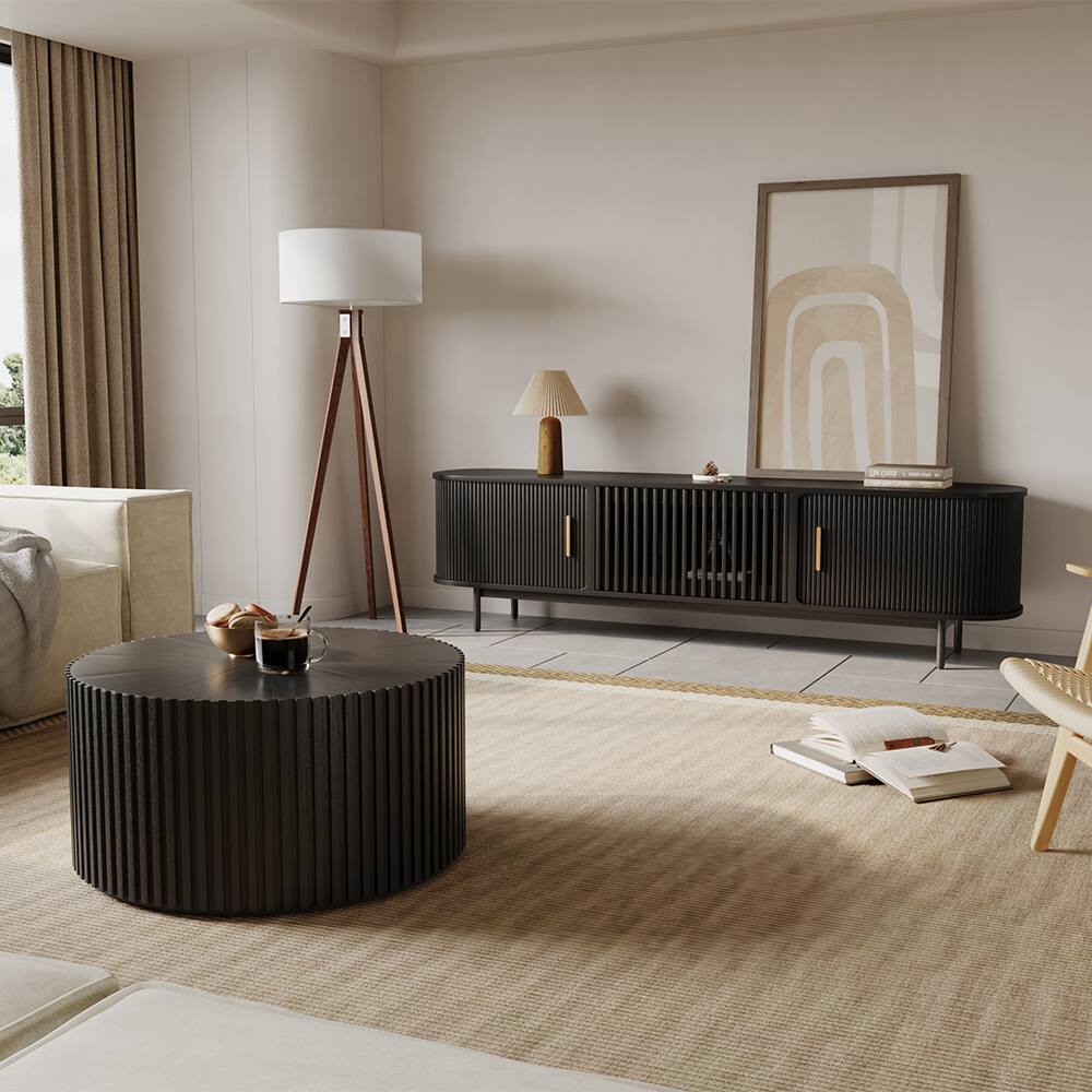 Left. POVISON - 79"Mid-Century Modern Tambour Door TV Stand - Black.