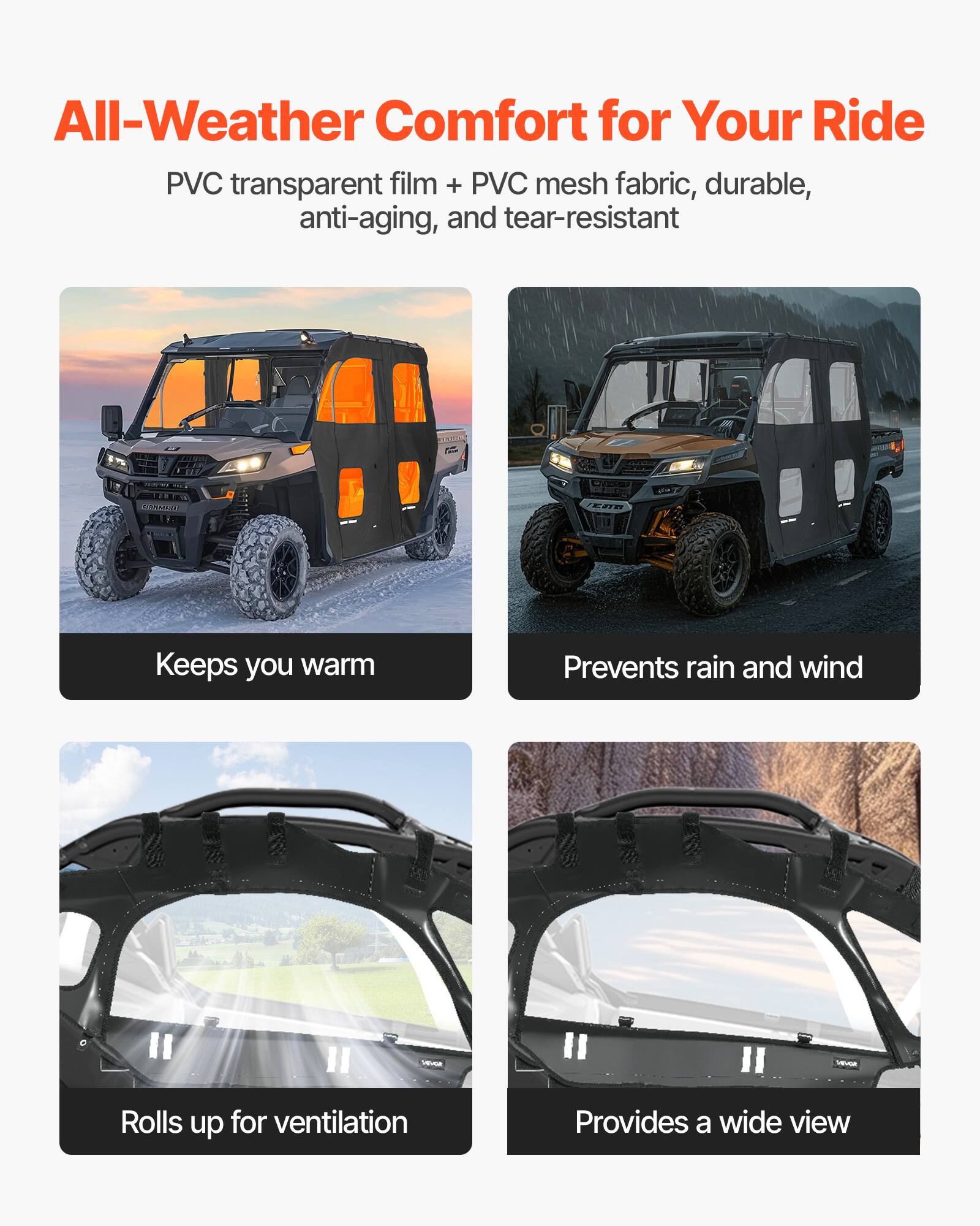 All-Weather Comfort for Your Ride

PVC transparent film + PVC mesh fabric, durable, anti-aging, and tear-resistant

- Keeps you warm
- Prevents rain and wind
- Rolls up for ventilation
- Provides a wide view