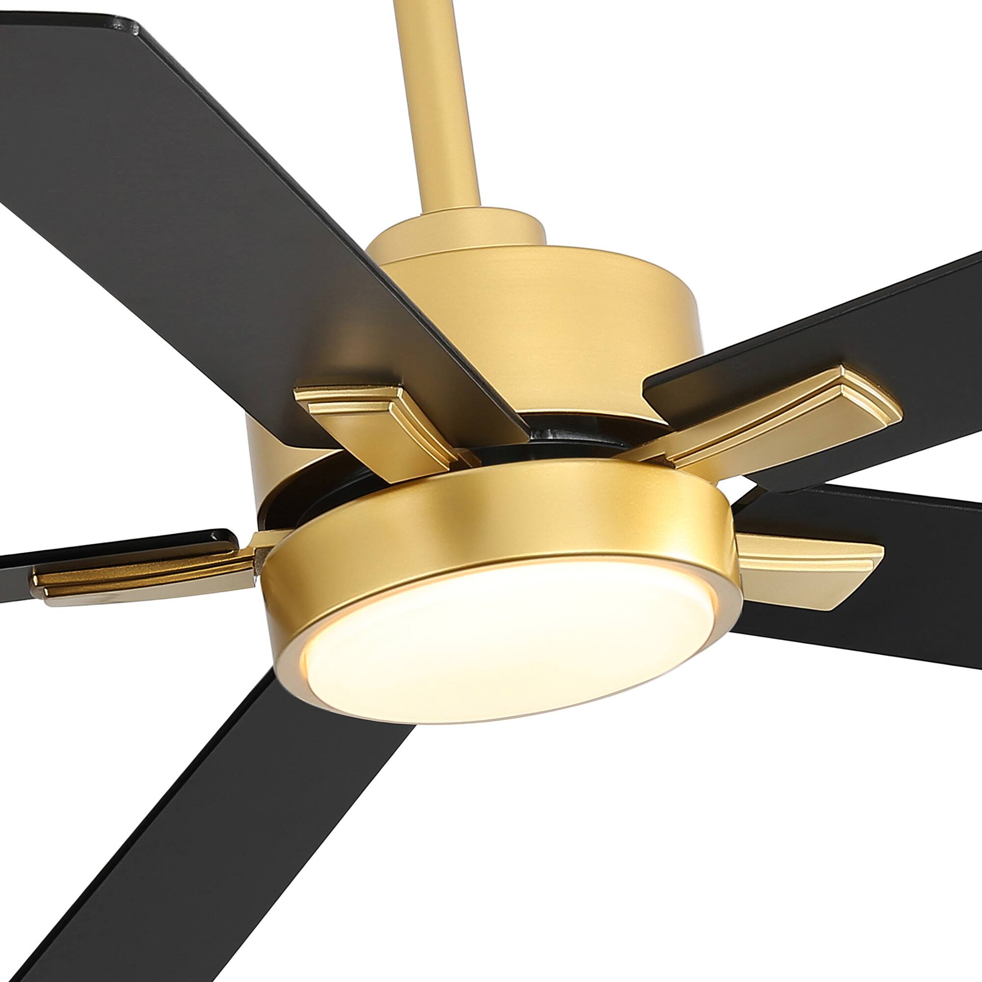 Alt View 6. Breezary - 52" Modern Indoor Ceiling Fan with LED Light, 5 Reversible Plywood Blades, 6-Speed DC Motor, Remote, Timer, 5" Downrod - Gold and Matte Black.