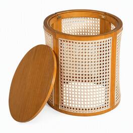 RYHNUYNE - 15.7" Round Accent Table with Woven Rattan Sides,Compact Nightstand for Garden Deck Balcony - Ochre