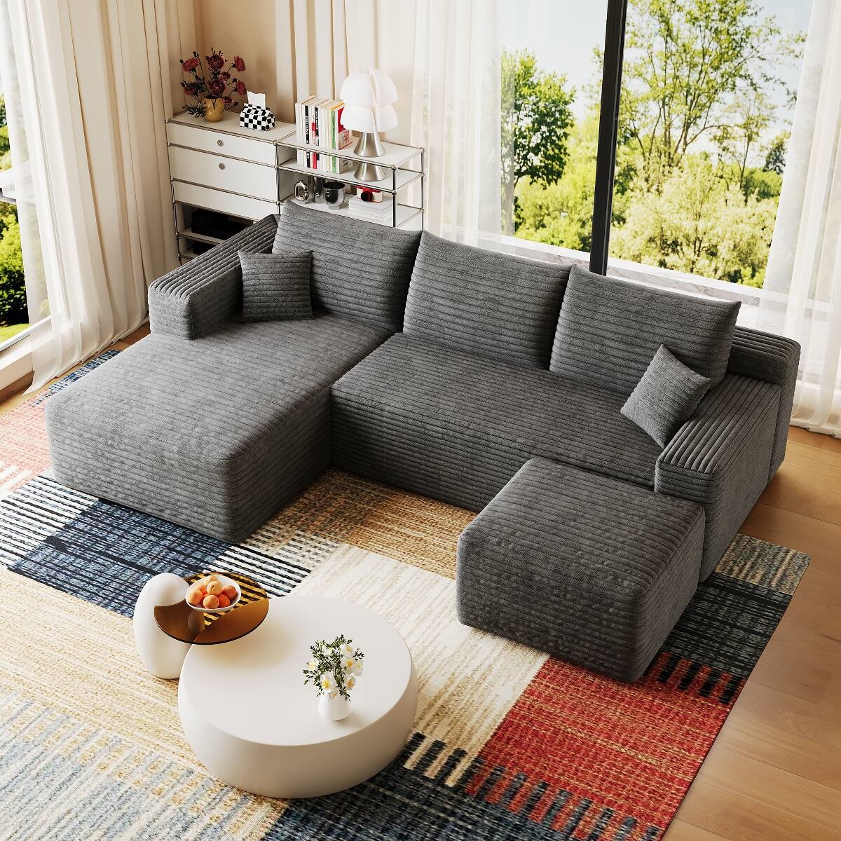 Alt View 3. Ropilly - Ropilly 95 Inch U Shaped Sectional Sofa with Ottoman, Modern Minimalist Dark Grey Corduroy Couch - Dark Grey.