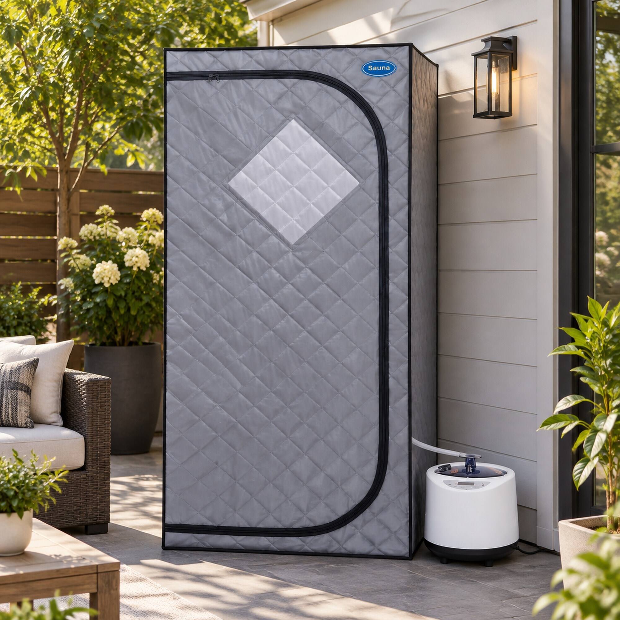 Left. RYHNUYNE - Full Size Portable Steam Sauna Tent, Grey, 29.1 x 29.1 x 66.5 in, 2.2 L Steam Generator, Remote Control, Foldable Chair - Grey.