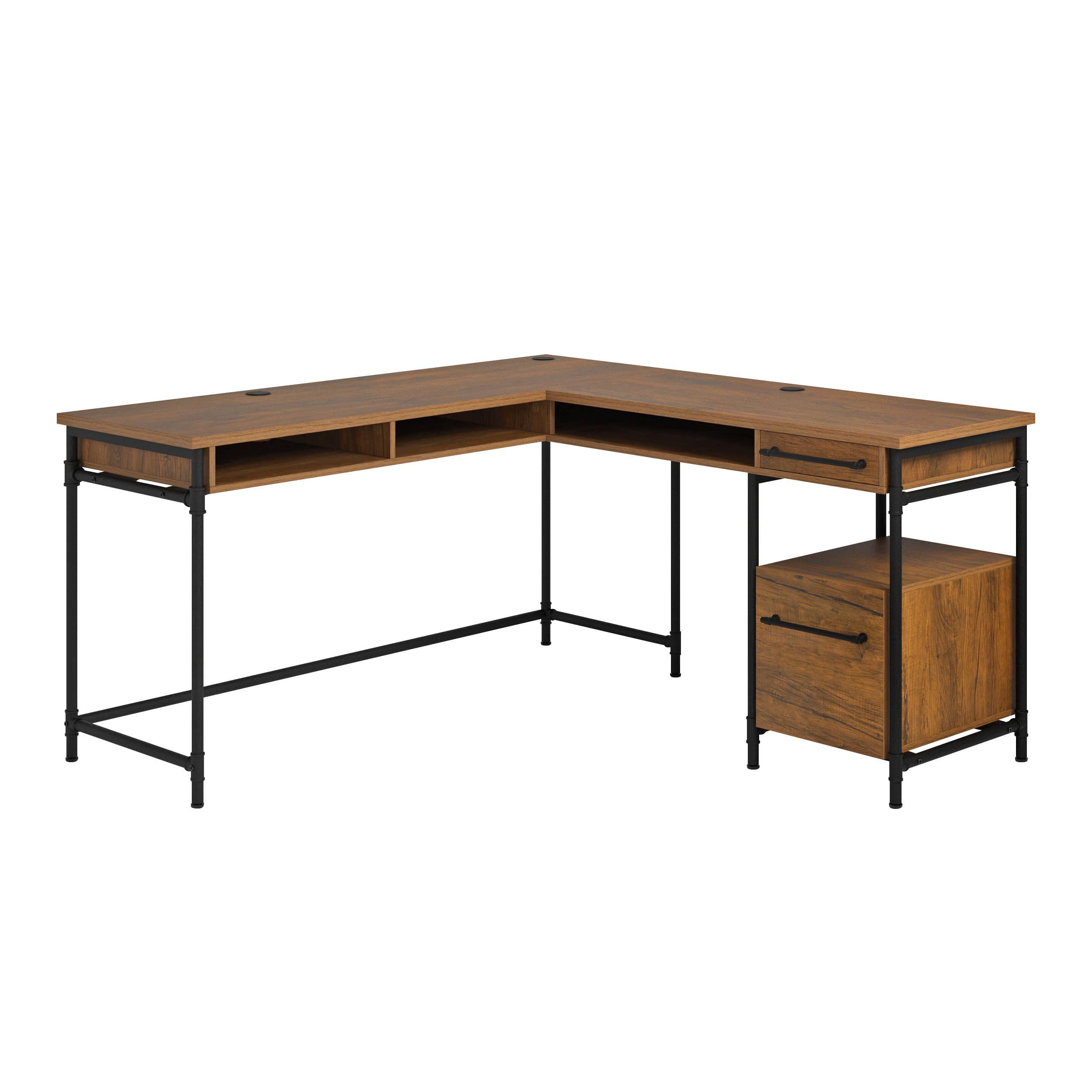 Spaco - 60" L-Shaped Desk, 1.5in Thick, 2 Drawers and Cubby, Cable Grommets - Brown