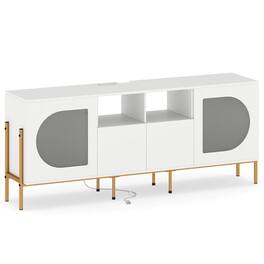 Costway - TV Stand with Charging Station for 70" TVs, Fluted Doors & 2 Storage Drawers - White