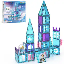 PicassoTiles - 70pc Magnetic Tiles Winter Ice Castle Set with Princess Prince Character Stair Case, Building Blocks STEM Toy for Kids