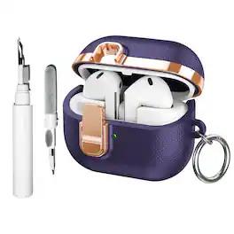 Dteck - Slim Faux Leather Texture Case for Samsung Galaxy Buds 3 / 3 Pro / 3 FE,Shockproof TPU Cover w/ Secure Lock & Carabiner - Purple