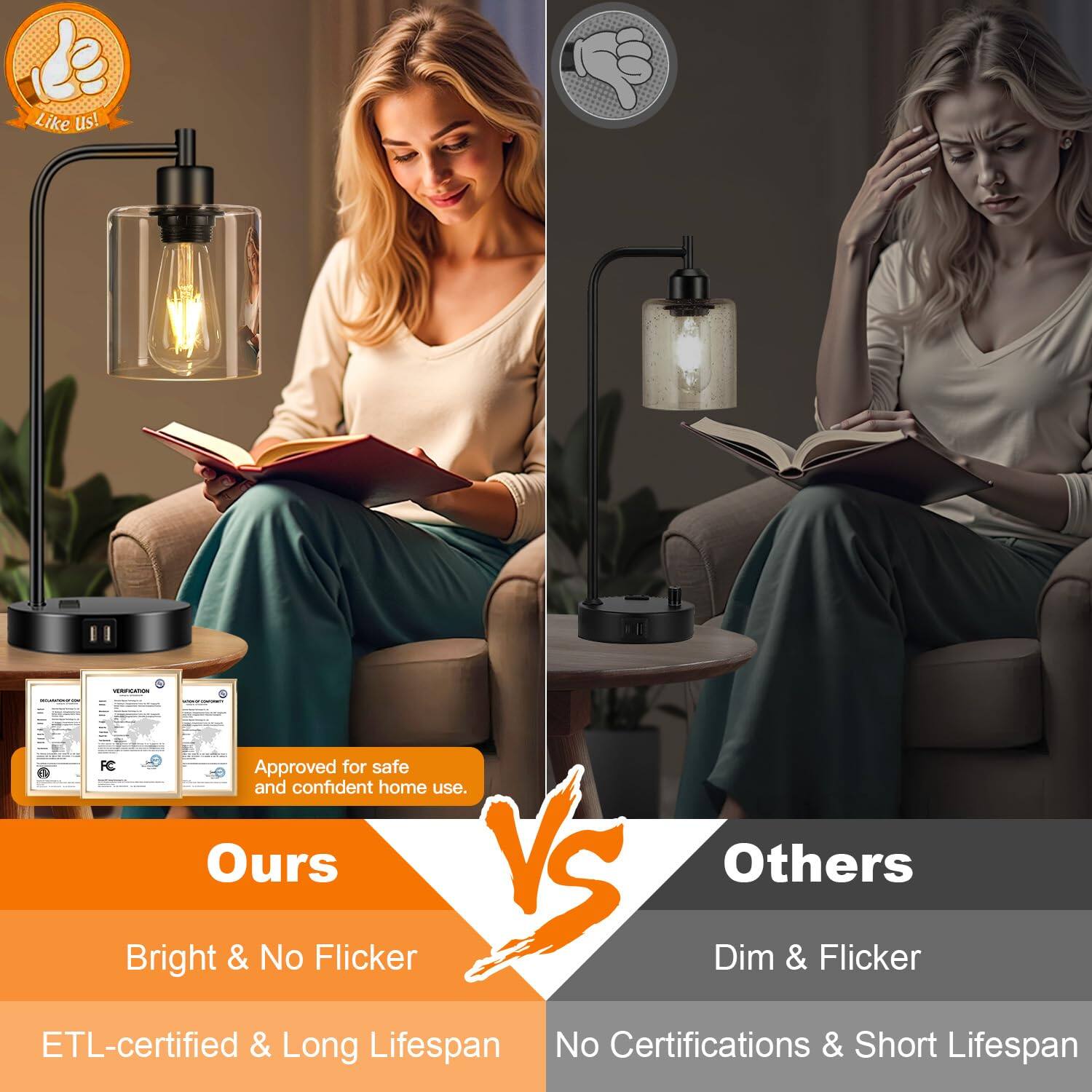 Like us!  
HO FC Approved for safe and confident home use.  

Ours  
Bright & No Flicker  
ETL-certified & Long Lifespan  

Others  
Dim & Flicker  
No Certifications & Short Lifespan