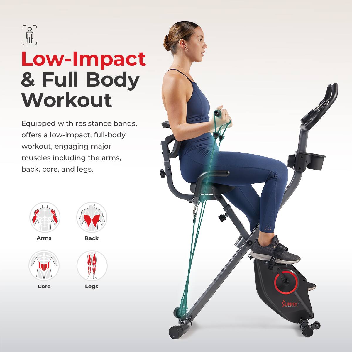 Low-Impact & Full Body Workout
Equipped with resistance bands, offers a low-impact, full-body workout, engaging major muscles including the arms, back, core, and legs.
Arms
Back
Core
Legs
SUNNY