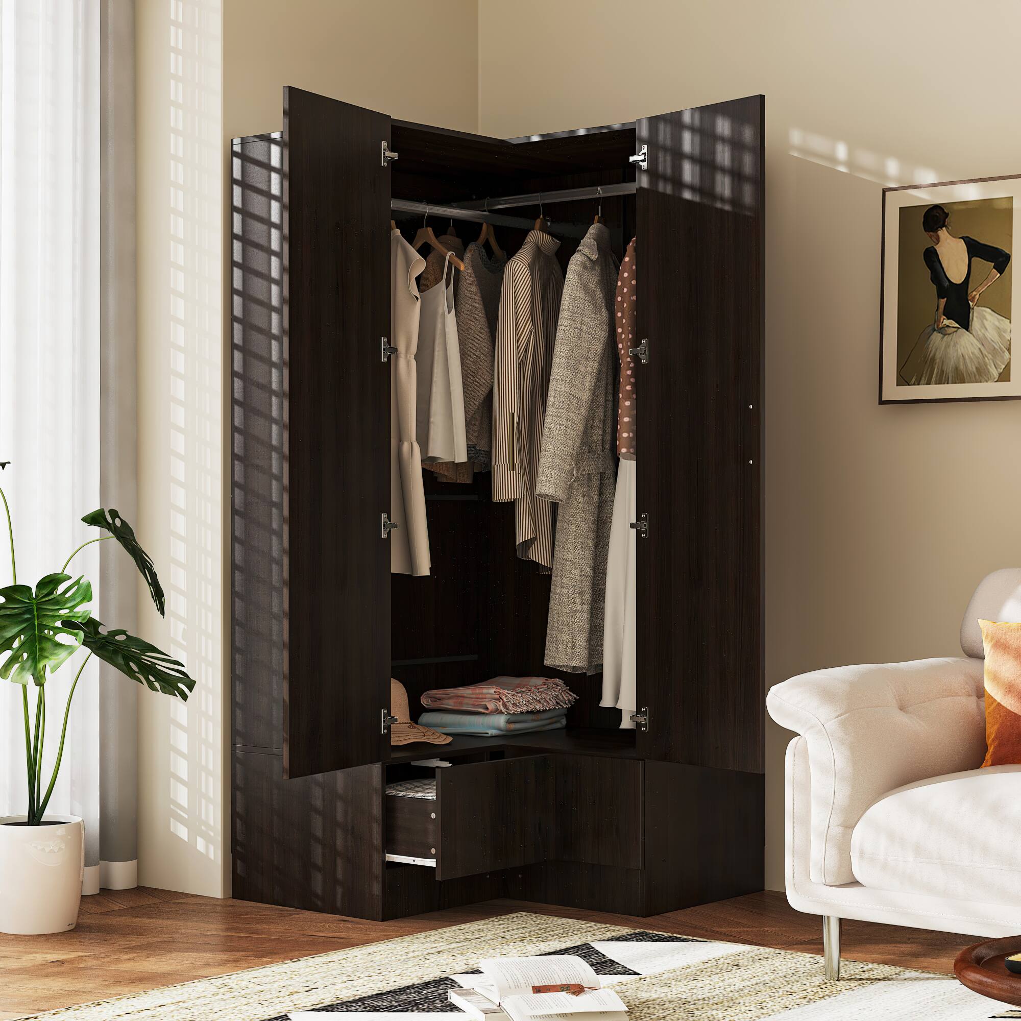 Alt View 1. FUFU&GAGA - Corner Wardrobe Closet L Shaped Armoire with Hanging Rod Shelves and Drawers Space Saving Storage for Small Bedroom - Brown.