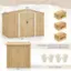 The image features a large wooden shed with a 250 cu. ft. large capacity. The shed is 72.5" tall, 102" wide, and 61.5" deep. The product is shipped in three boxes, each measuring 41" in size. The boxes may arrive at different times. Additionally, there are two pairs of gloves included with the shed.