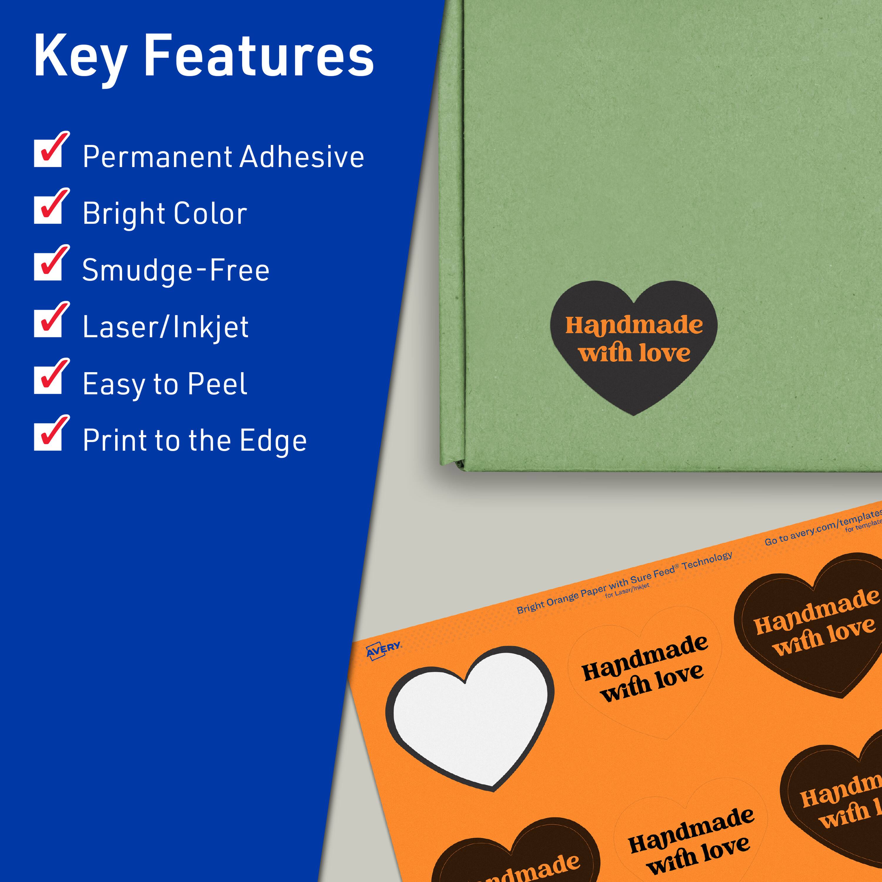 Key Features  
- Permanent Adhesive  
- Bright Color  
- Smudge-Free  
- Laser/Inkjet  
- Easy to Peel  
- Print to the Edge  

Handmade with love  

AVERY.com  
Bright Orange Paper with Sure Feed™ Technology  

Handmade with love