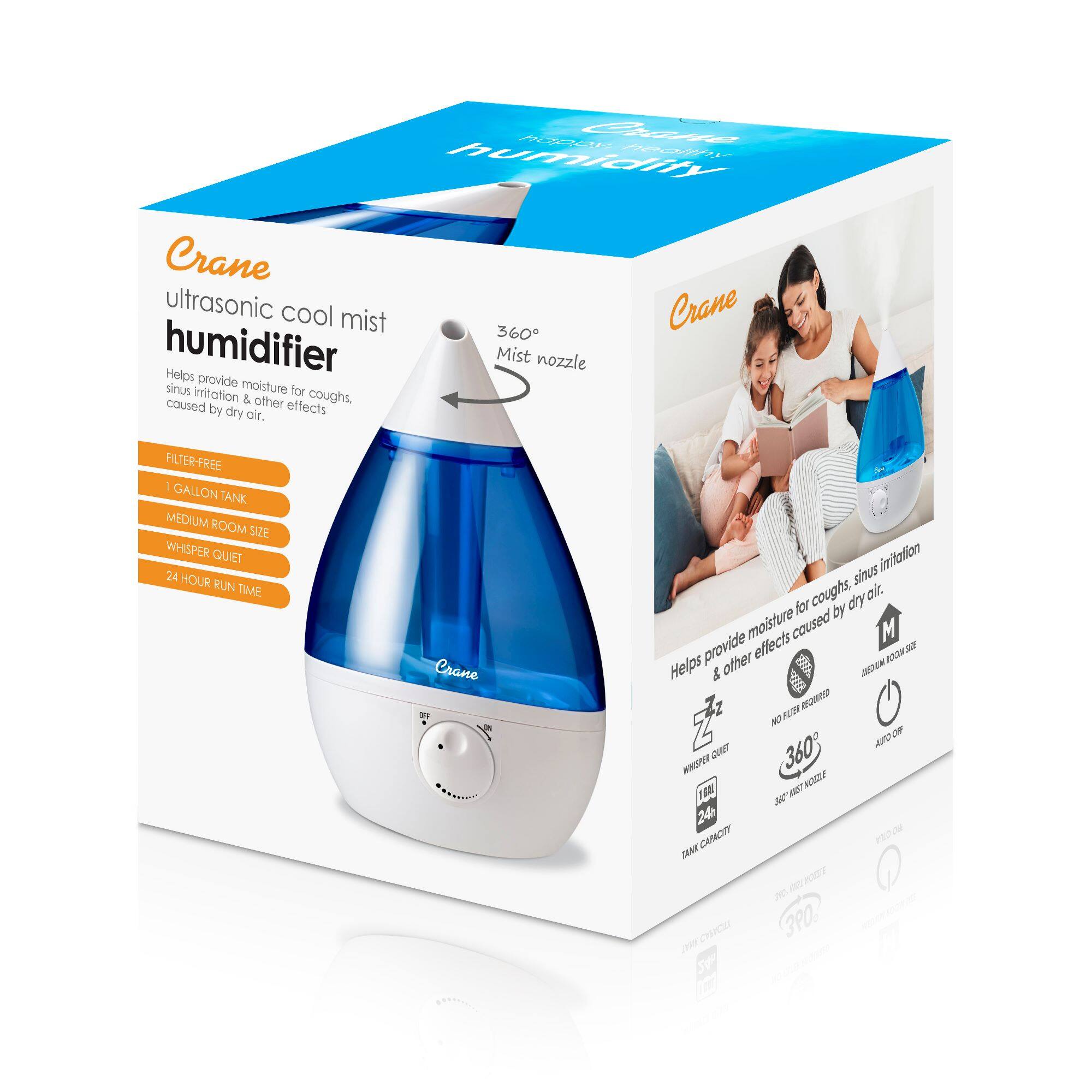 The image features a blue and white Crane humidifier, which is designed to provide moisture for sinus irritation and coughs caused by dry air. The humidifier has a filter-free design and a gallon tank, making it suitable for medium-sized rooms. It is also whisper quiet and has a 24-hour run time. The humidifier is displayed in a box, showcasing its features and benefits.