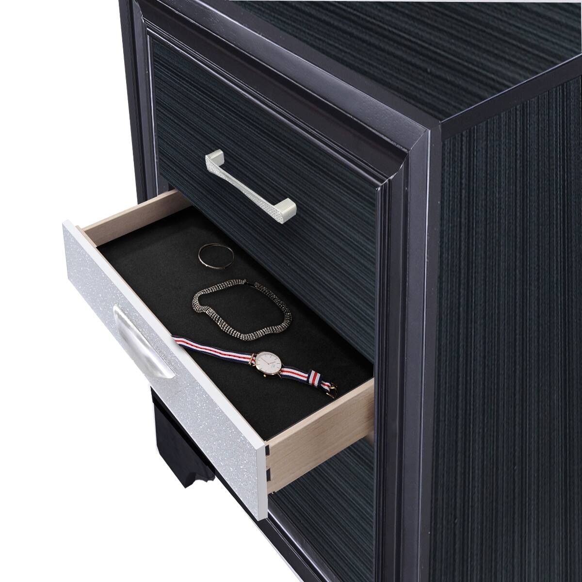 Alt View 4. Loheer - Loheer Black Nightstand with Drawers and Felt Lined Jewelry Storage - Black.