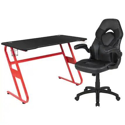 Front. Emma + Oliver - Gaming Desk and Racing Chair Set with Cup Holder and Headphone Hook - Black.