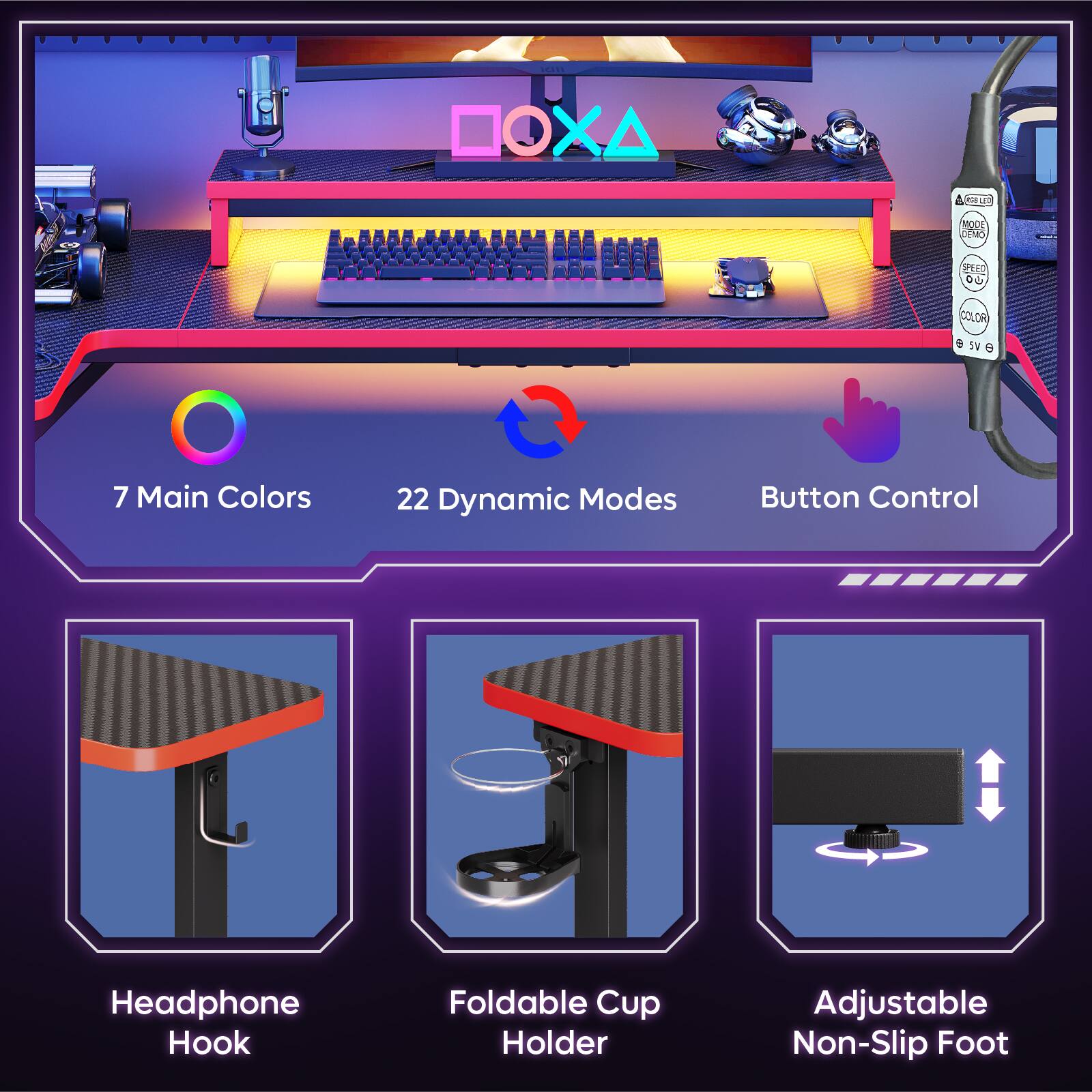 The text on the image is describing a product that has 7 main colors, 22 dynamic modes, a button control, a headphone hook, a foldable cup holder, and an adjustable non-slip foot.