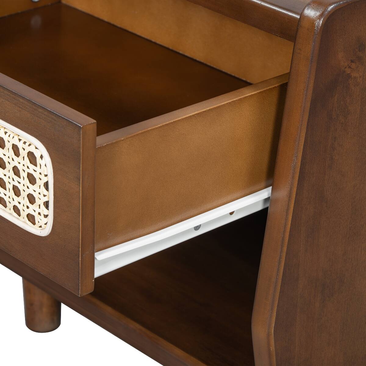 Alt View 9. Loheer - Loheer Walnut Nightstand with Rattan Detail, Open Shelf and Drawer, Modern Bedroom Storage - Walnut.