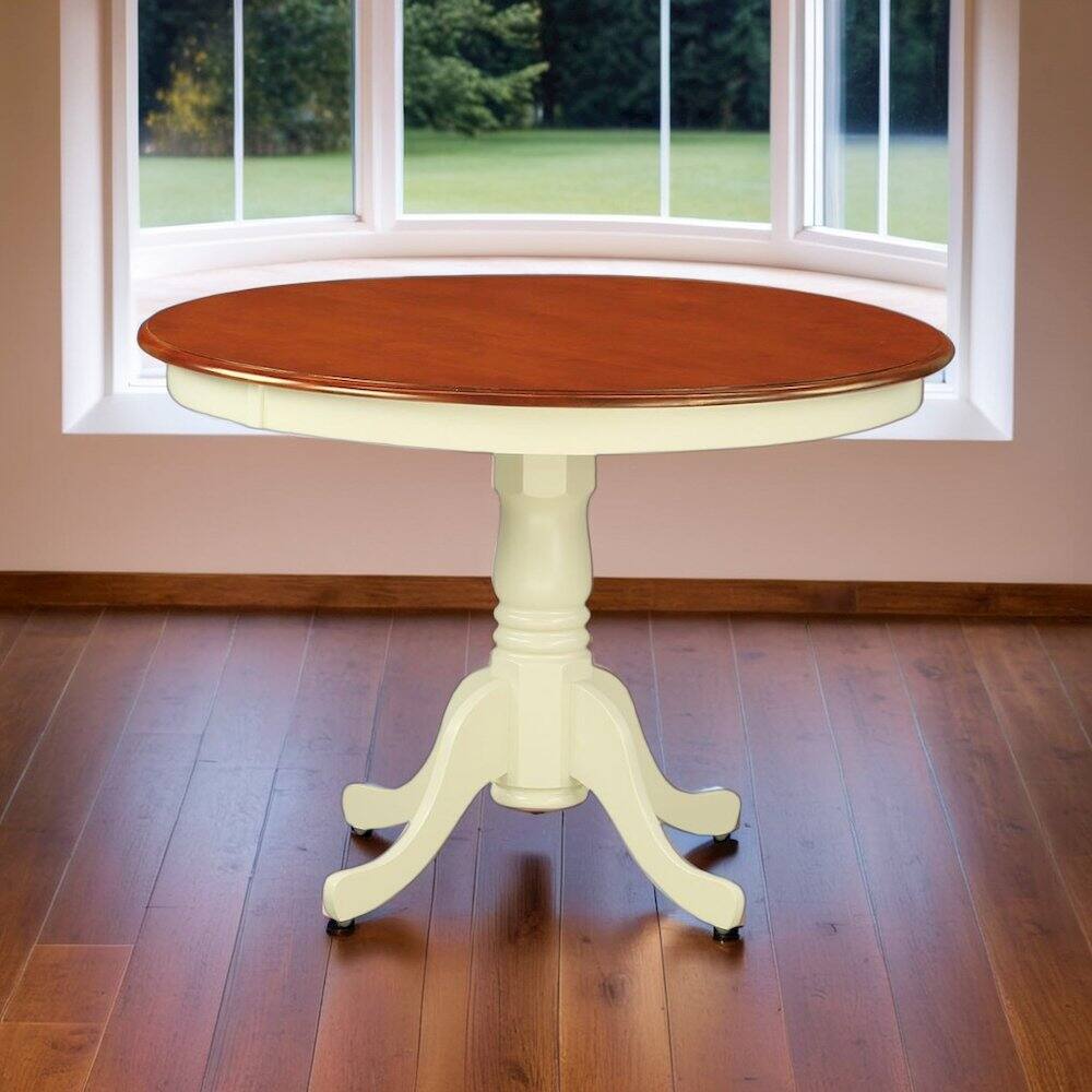Back. FurniFact - Small Round Kitchen Table for Dining Room with Classic Wooden Finish - Buttermilk & Cherry.